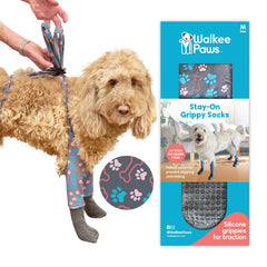 Walkee Paws stay-on socks with traction dots improve grip on slick hardwood floors.