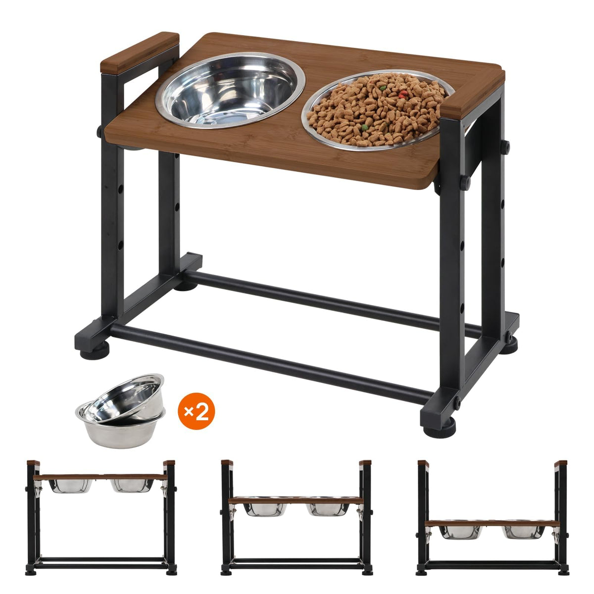 Walnest adjustable-height pet feeder stand with brown top supports comfortable neck alignment during meals.
