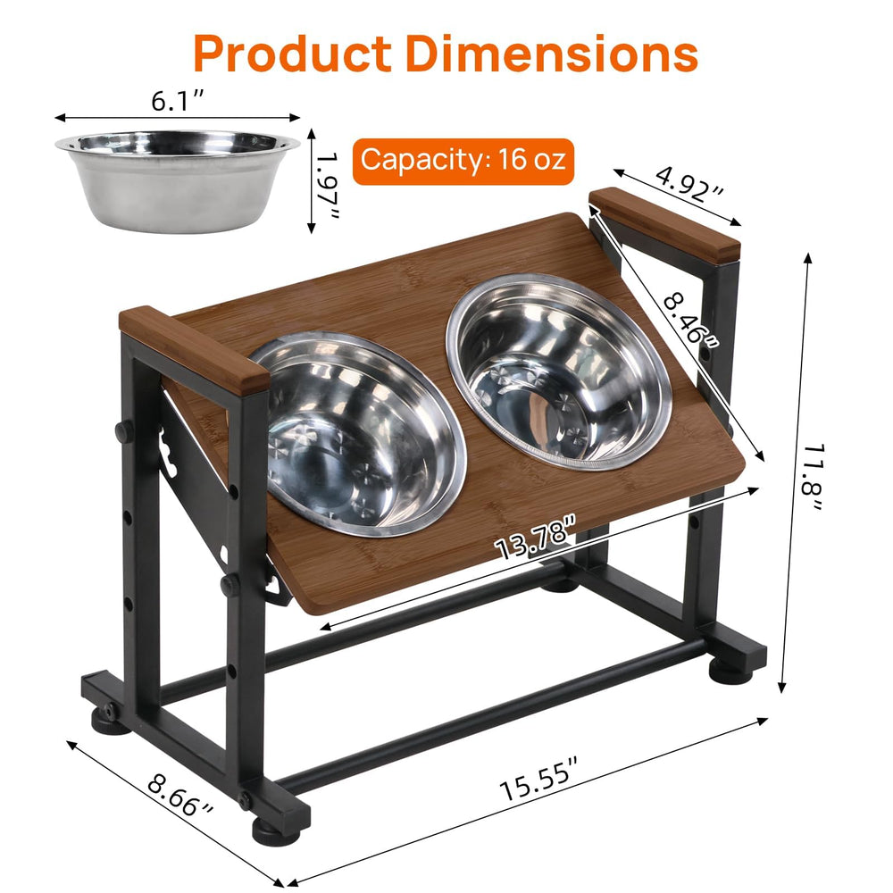 Walnest adjustable-height pet feeder stand side view shows sturdy black frame for stable feeding.