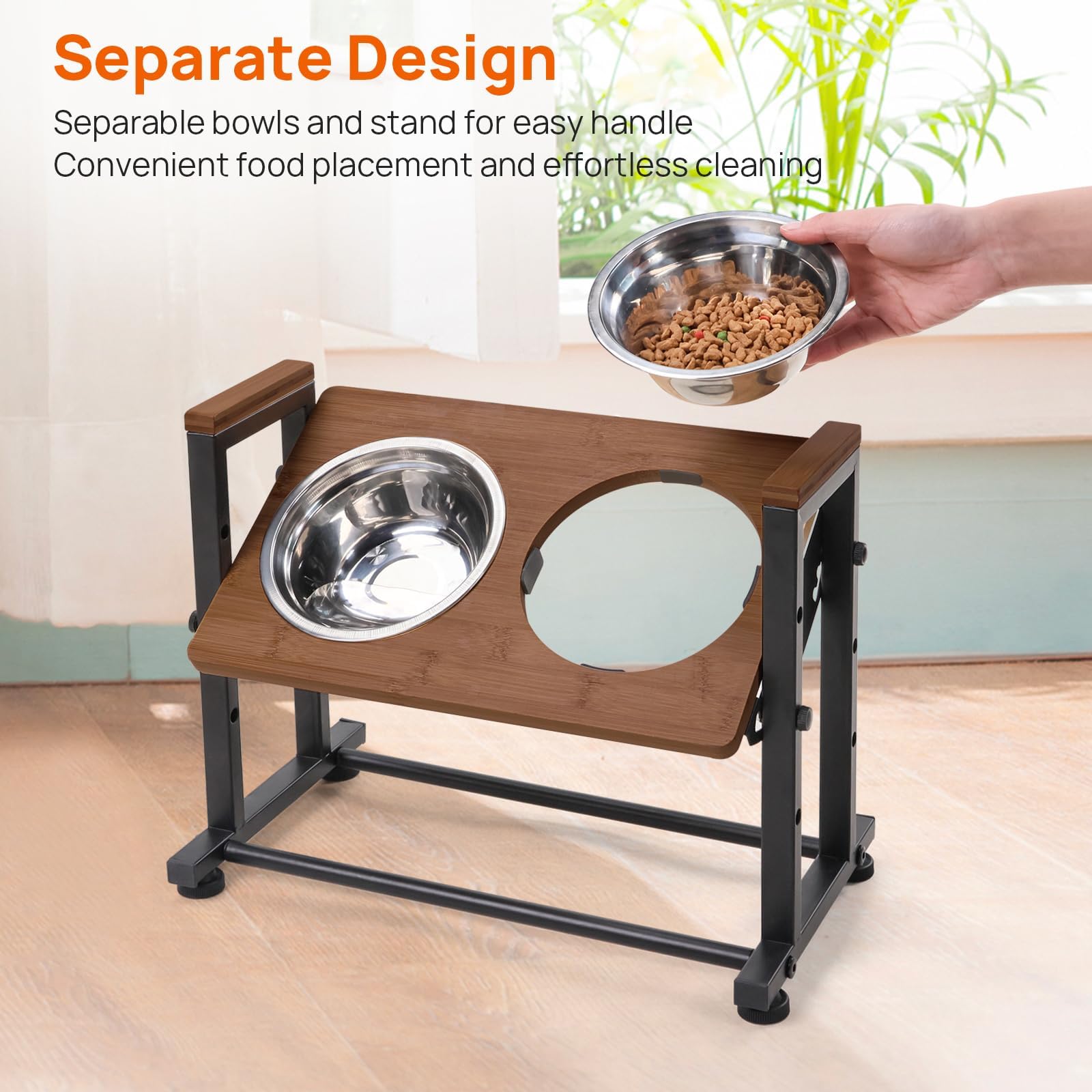 Walnest pet feeder stand wood top closeup reveals waterproof scratch-resistant surface.