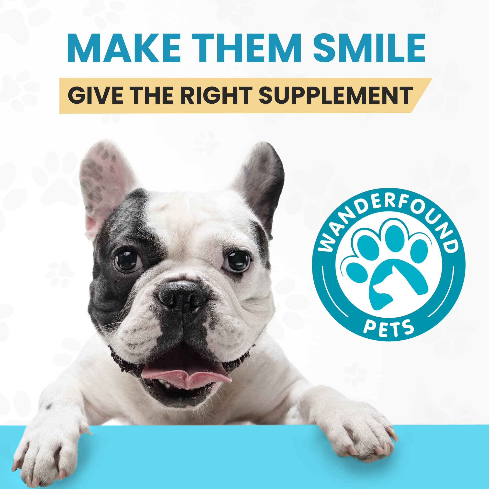 Wanderfound Pets packaging shot showing 120 chewable tablets bottle