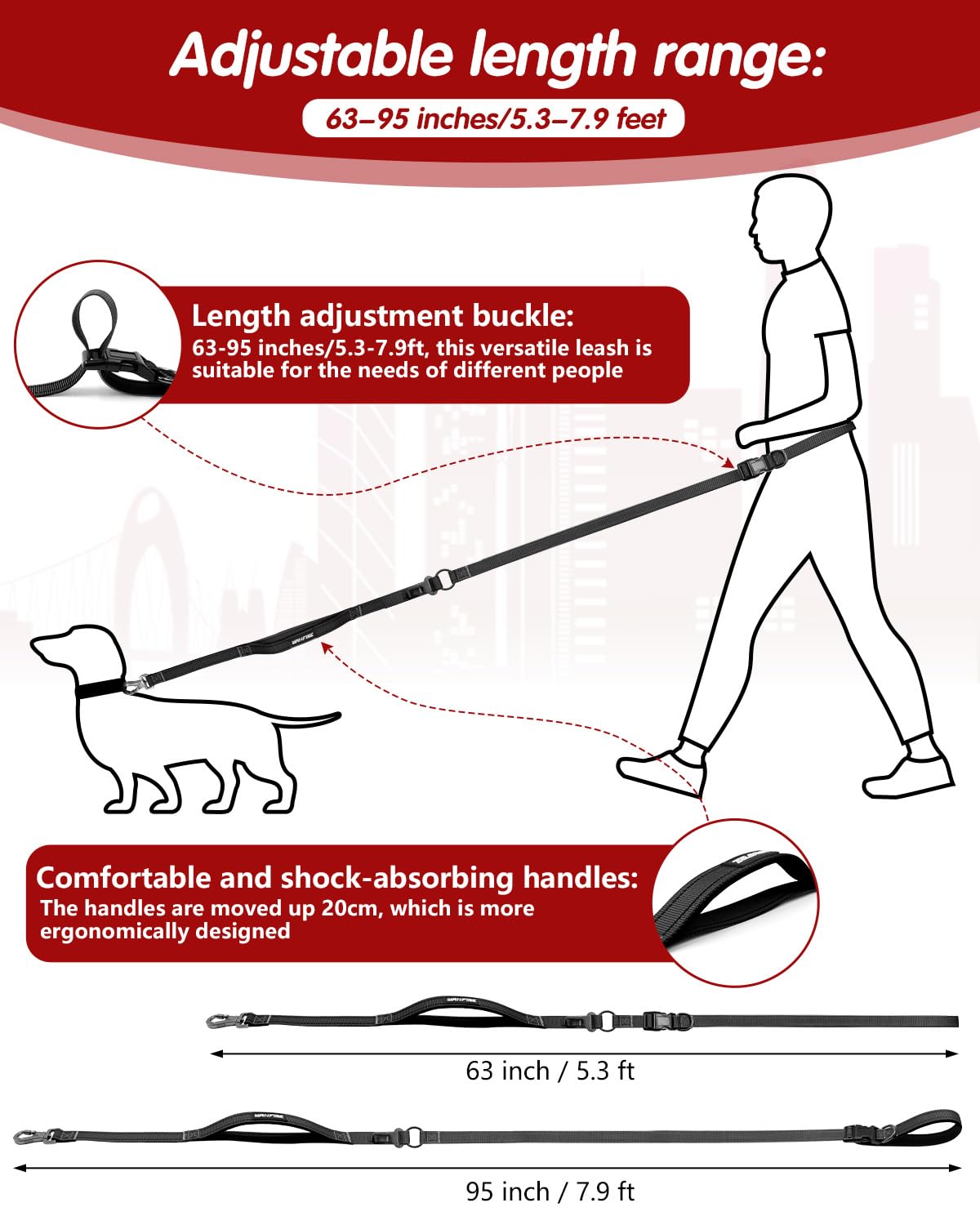 WANFIRE Hands Free Dog Leash durable nylon and polyester up to 110lbs.