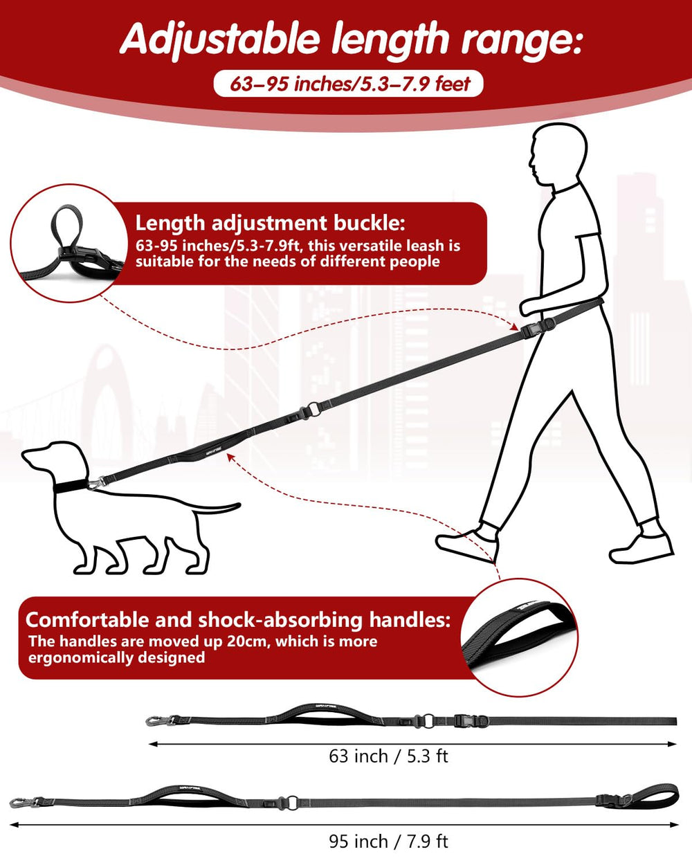 WANFIRE Hands Free Dog Leash durable nylon and polyester up to 110lbs.