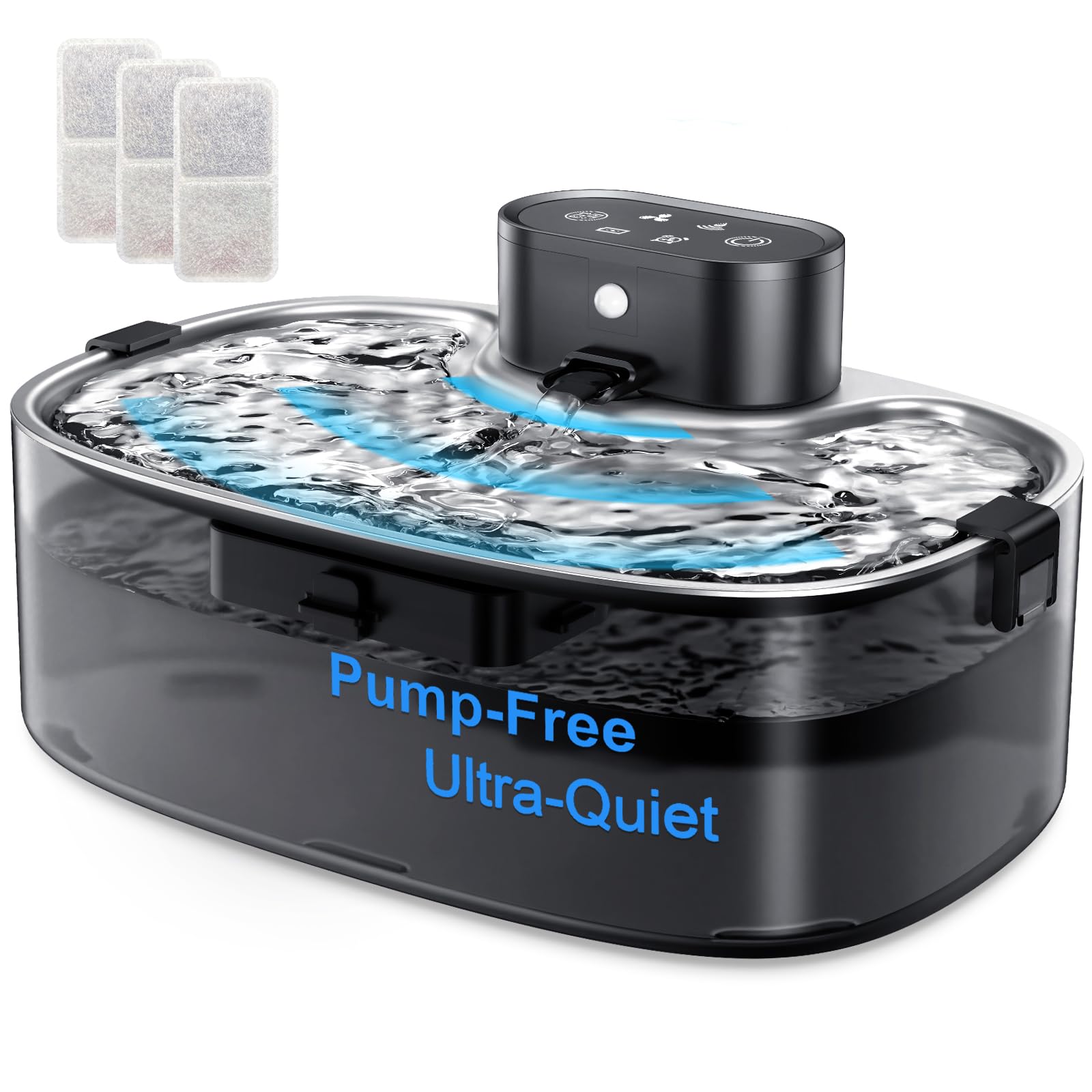 Wanzypup no-pump wireless cat fountain stainless steel tray close-up for a clean drinking surface.