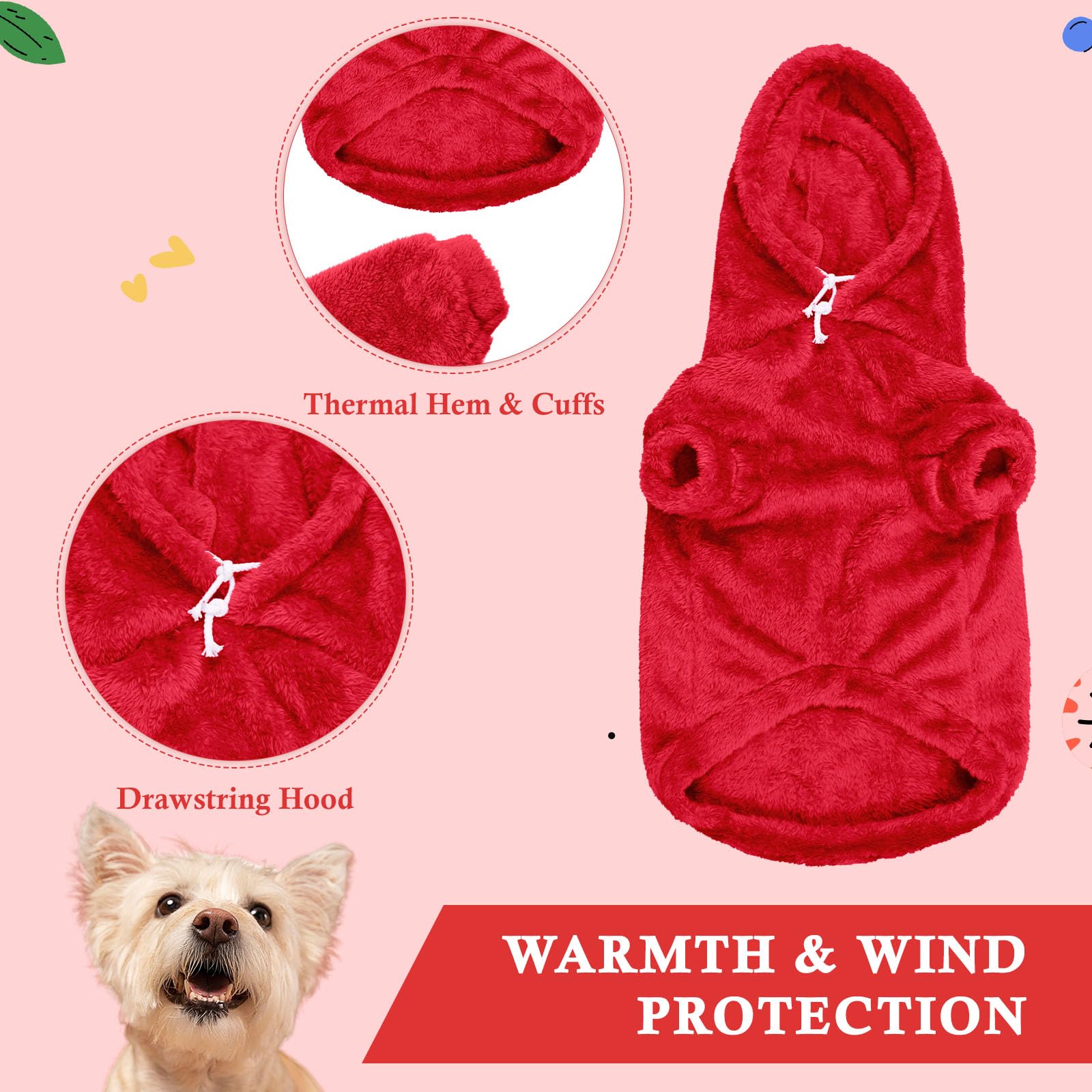 Waoduld dog sweater hood drawstrings boost comfort and wind protection.