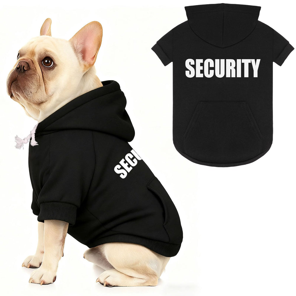 Waoduld dog sweater security hoodie front view shows durable screen print for playful style