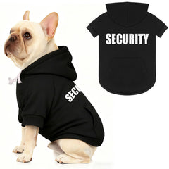 Waoduld dog sweater security hoodie front view shows durable screen print for playful style