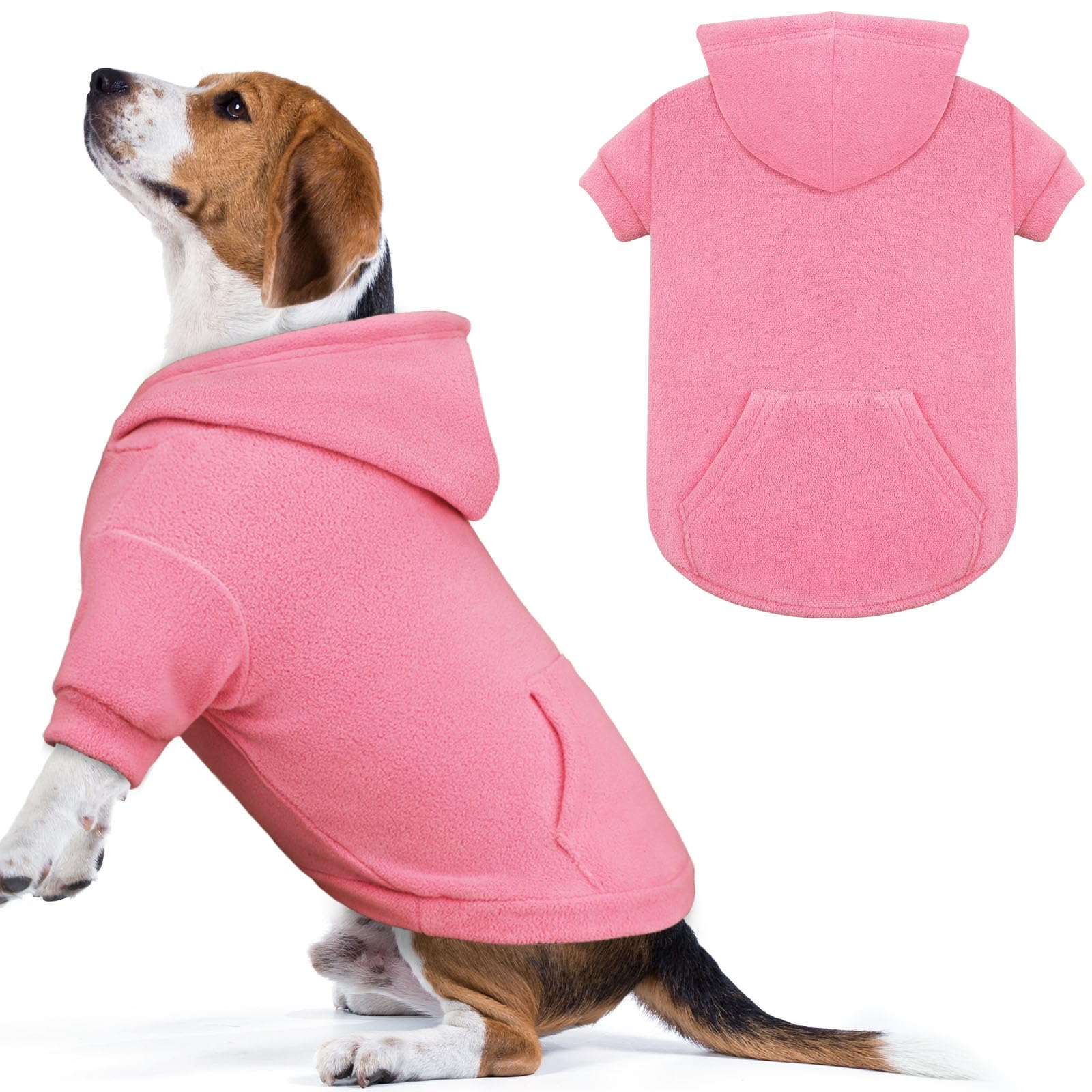 Waoduld dog hoodie pink back view offers warm coverage for chilly walks.