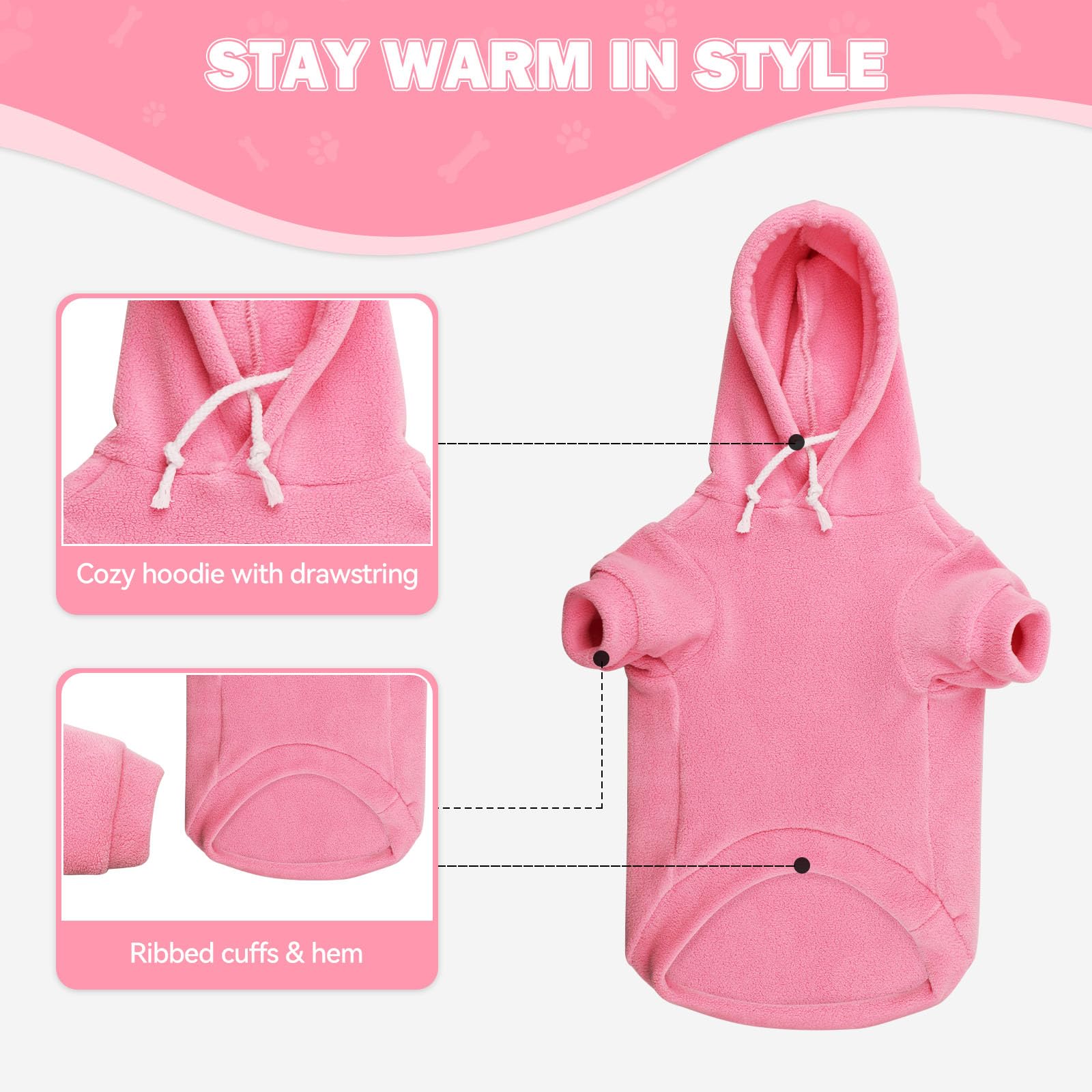 Waoduld dog hoodie pink fabric closeup emphasizes durable, machine-washable material.