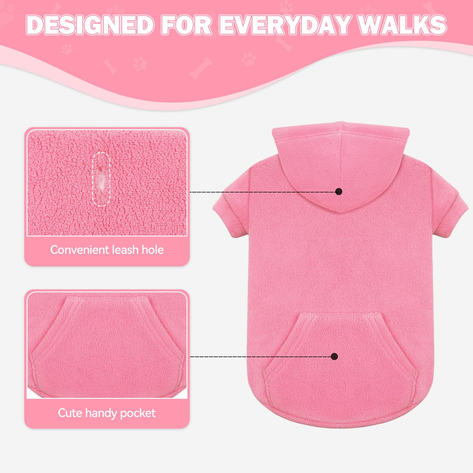 Waoduld dog hoodie pink leash hole closeup—easy harness-friendly walks.