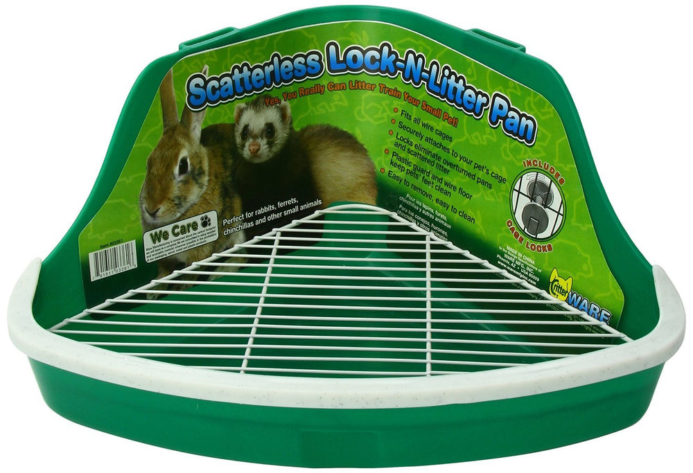 Ware Manufacturing plastic scatterless Lock-N-Litter pan front view with sturdy cage attachment for tidy cages.
