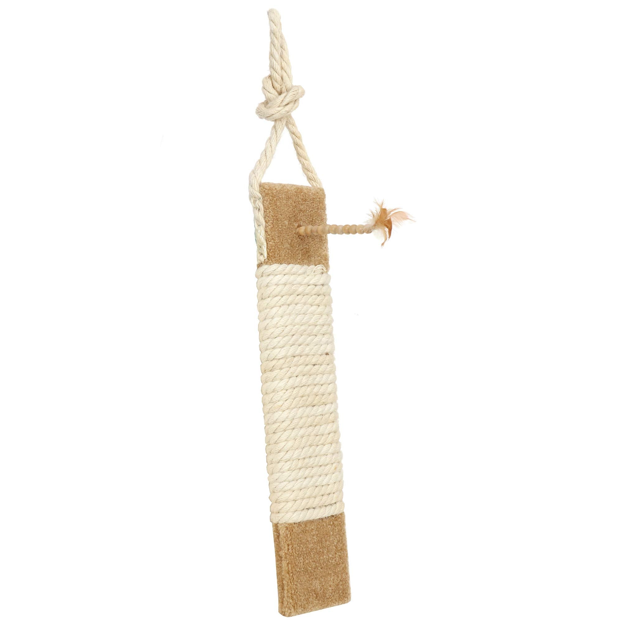 Ware Manufacturing pom pom toy on scratch post adds playful enrichment for cats.