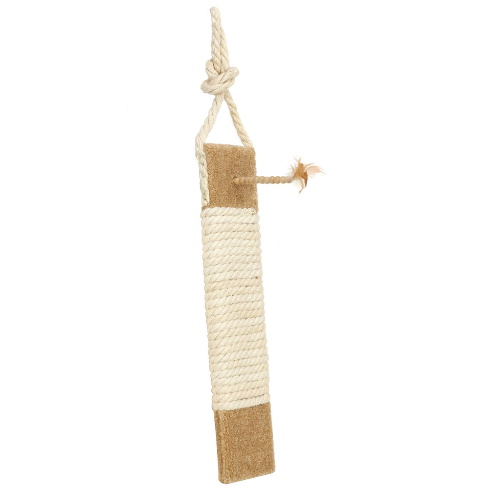 Ware Manufacturing pom pom toy on scratch post adds playful enrichment for cats.