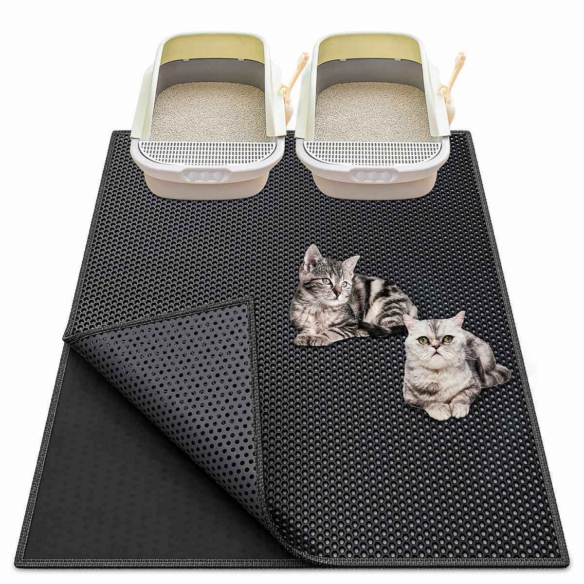 Waretary cat litter mat top view, 36x30 inches traps loose litter under the box