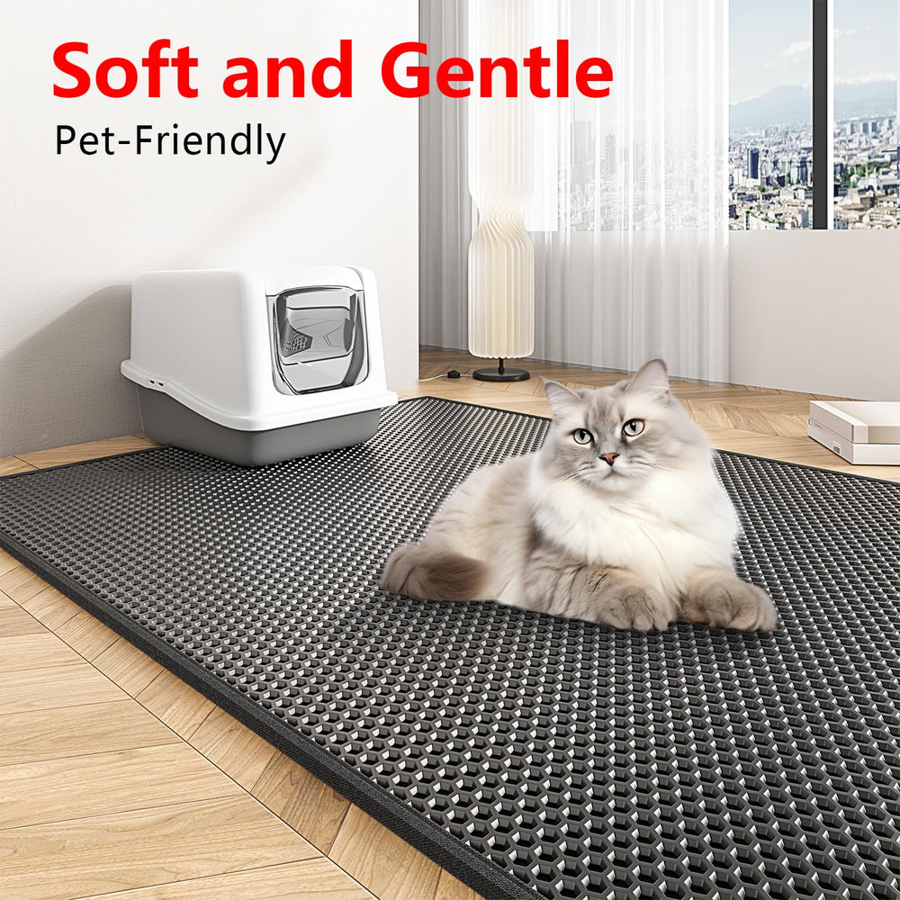 Waretary cat litter mat under litter box use demonstrates broad coverage.