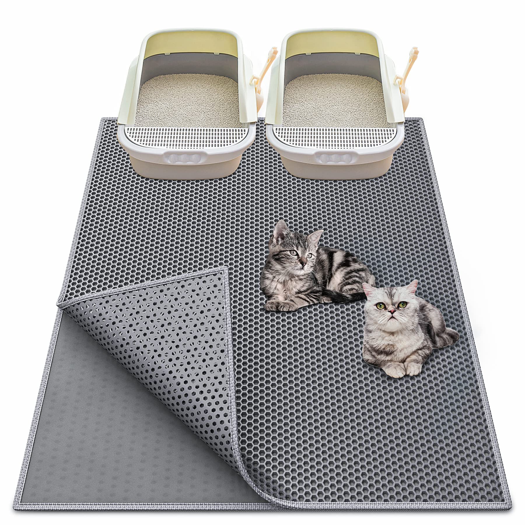 Waretary cat litter mat with EZ Open top layer traps litter for cleaner floors.