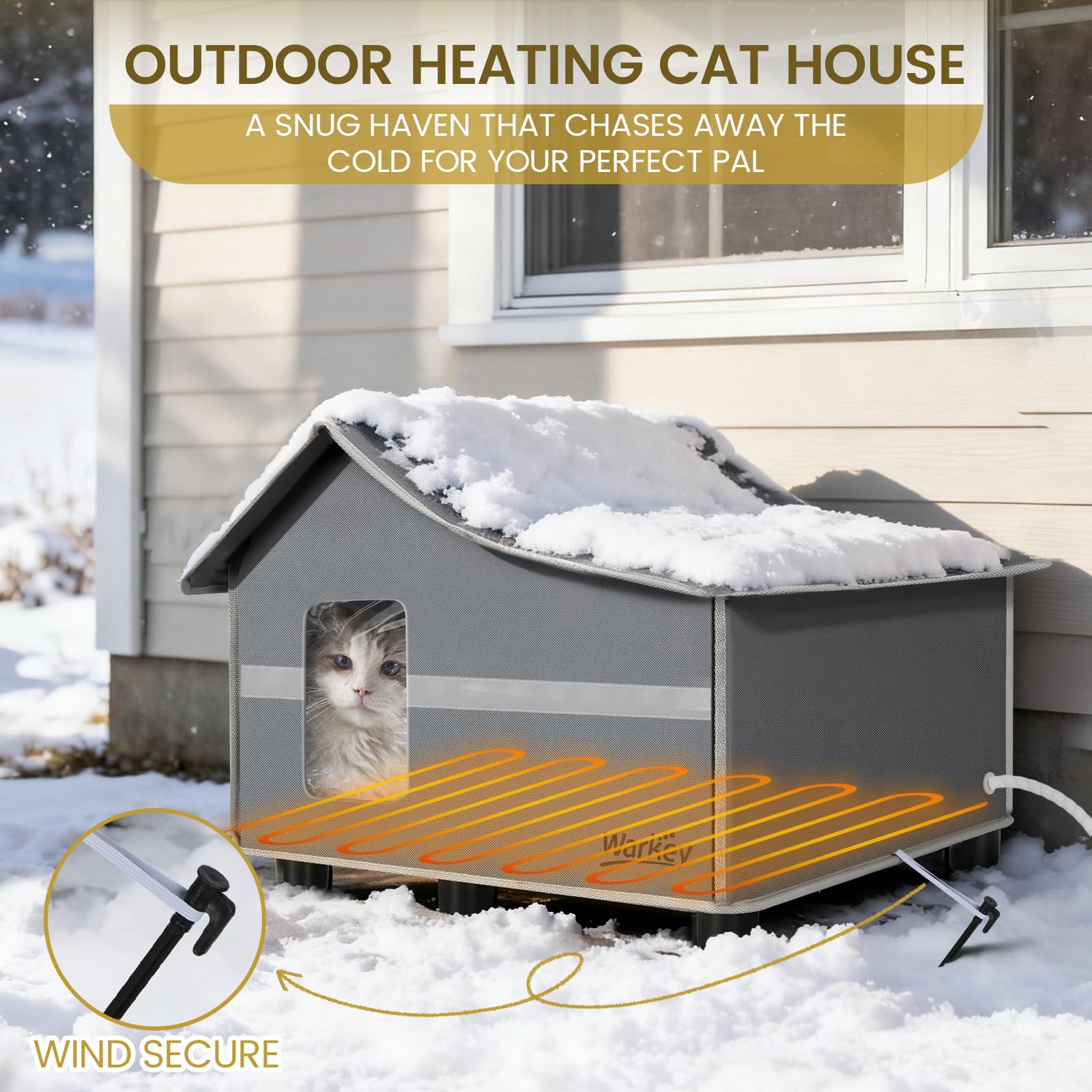 WARKEY heated-cat-house removable heating pad offers flexible warmth when needed.