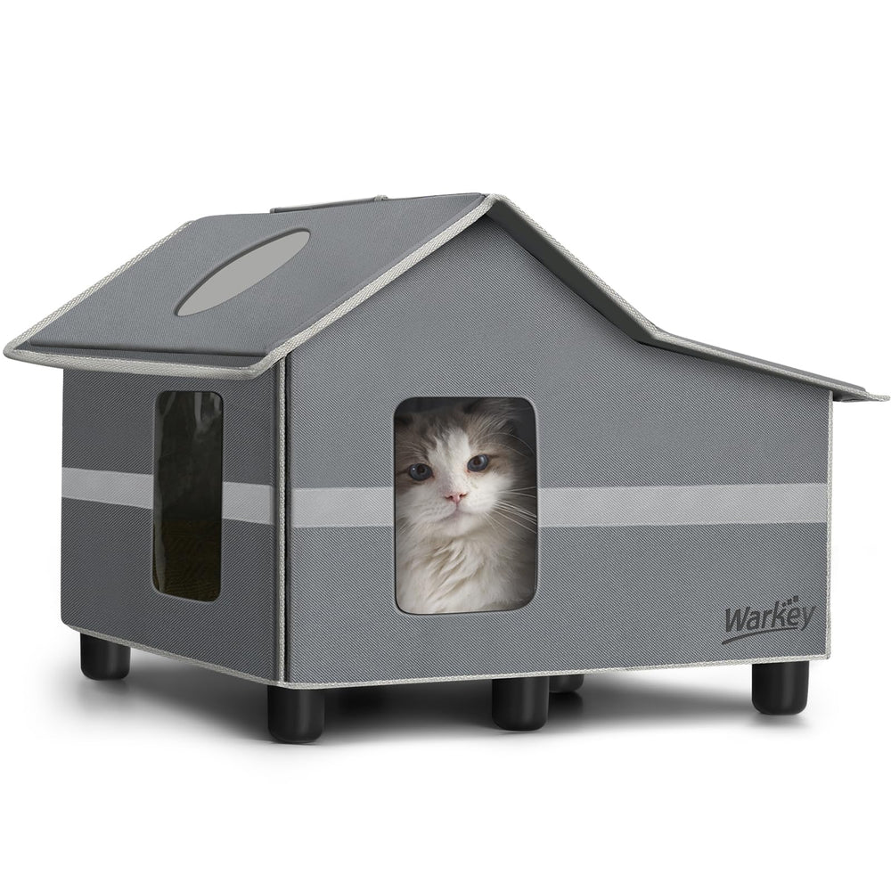 WARKEY Outdoor Cat House front view with elevated base for dry paws