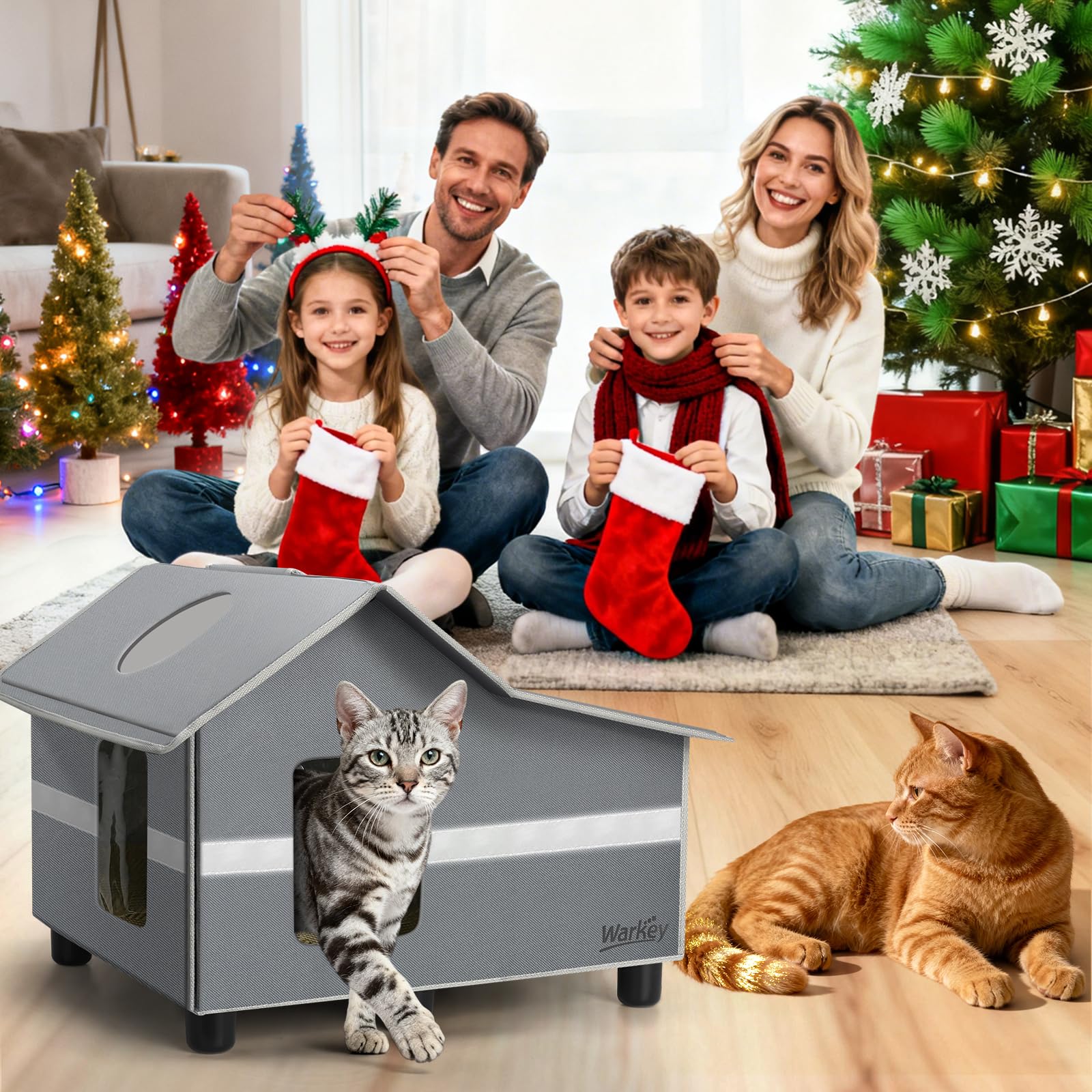 WARKEY Outdoor Cat House side-entry shows weatherproof fabric protects from rain