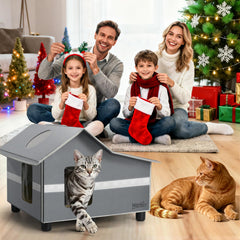 WARKEY Outdoor Cat House side-entry shows weatherproof fabric protects from rain