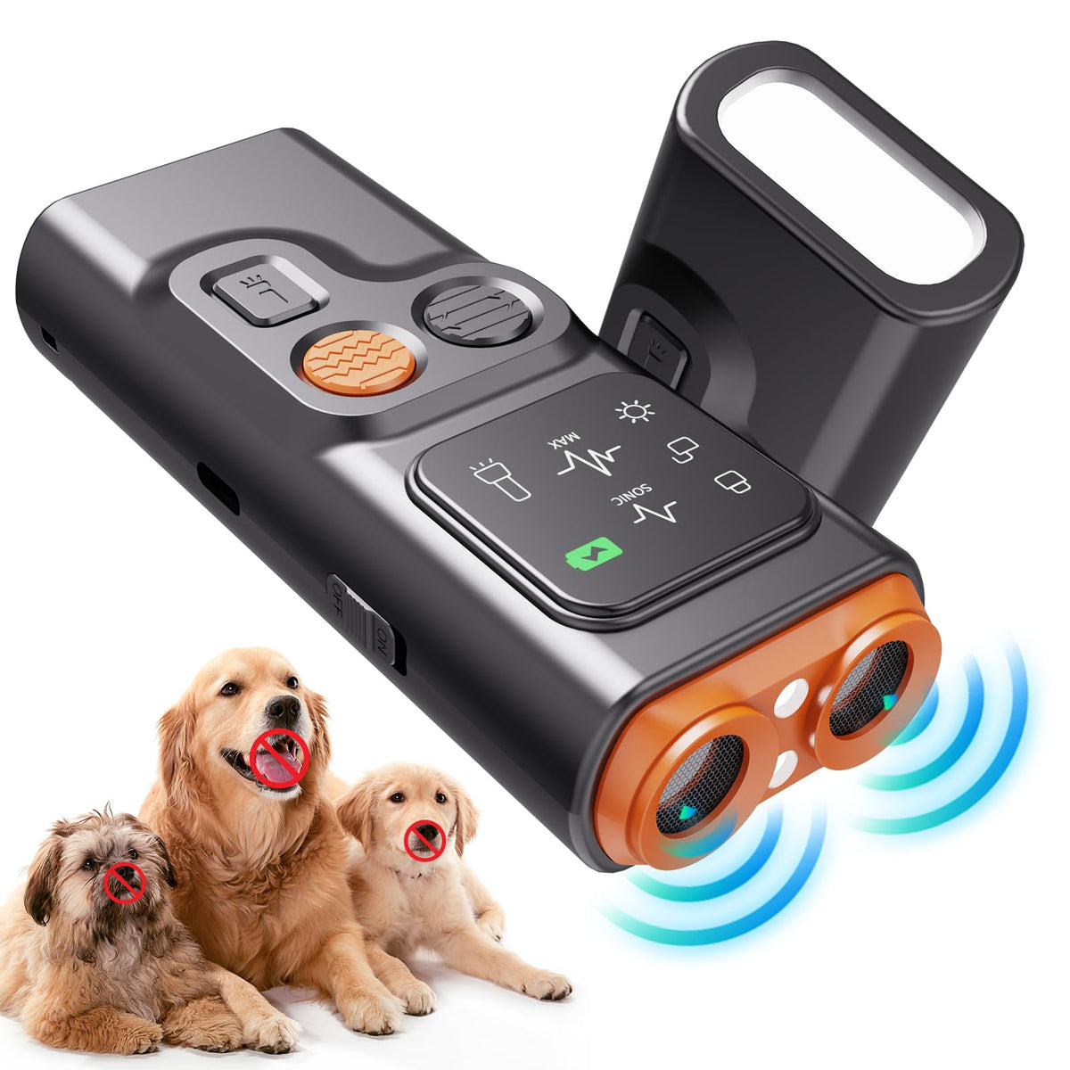 Warmow dog bark deterrent with HD display shows mode and status.