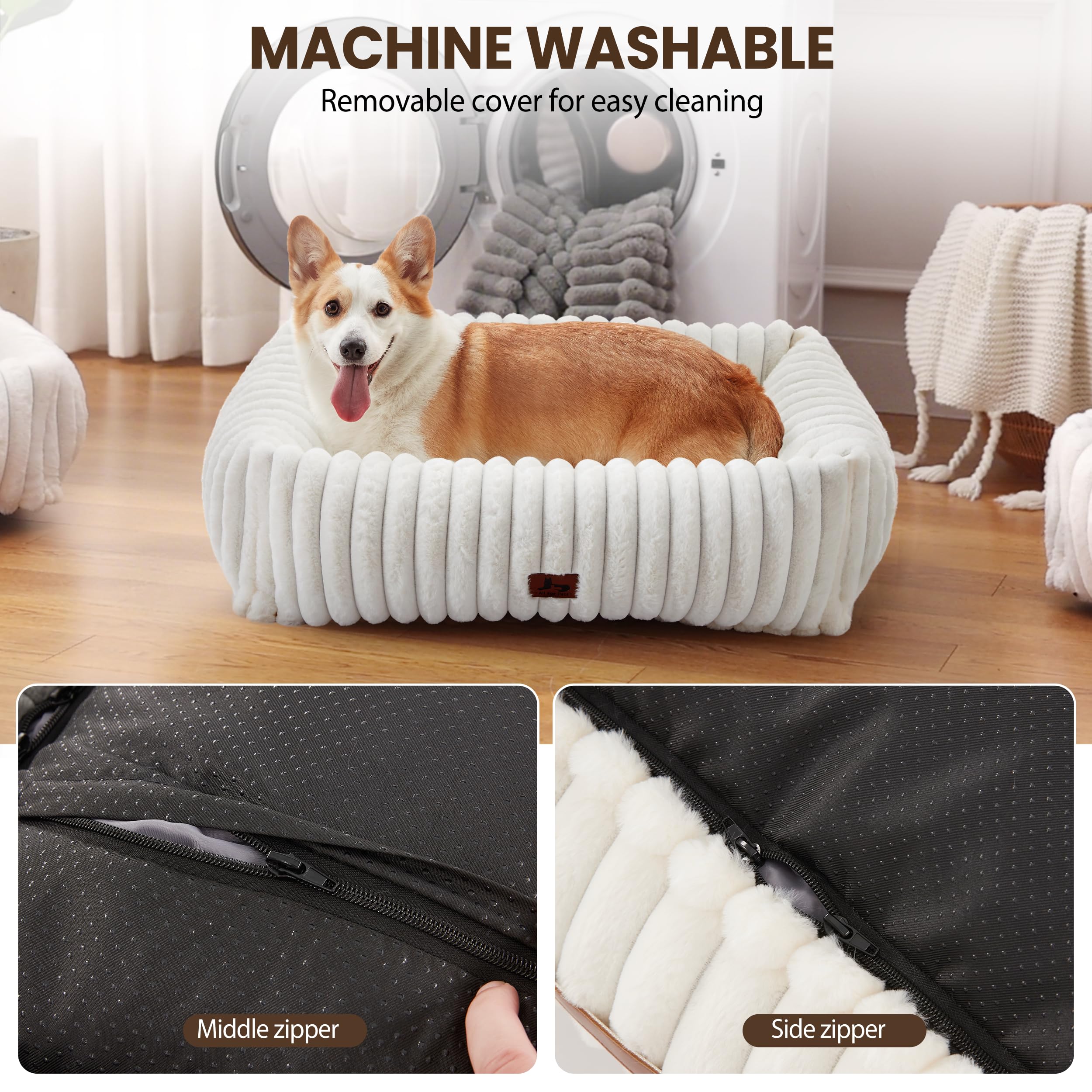 Warmrest Cream Bed in a cozy space demonstrates size suitability from small to medium dogs
