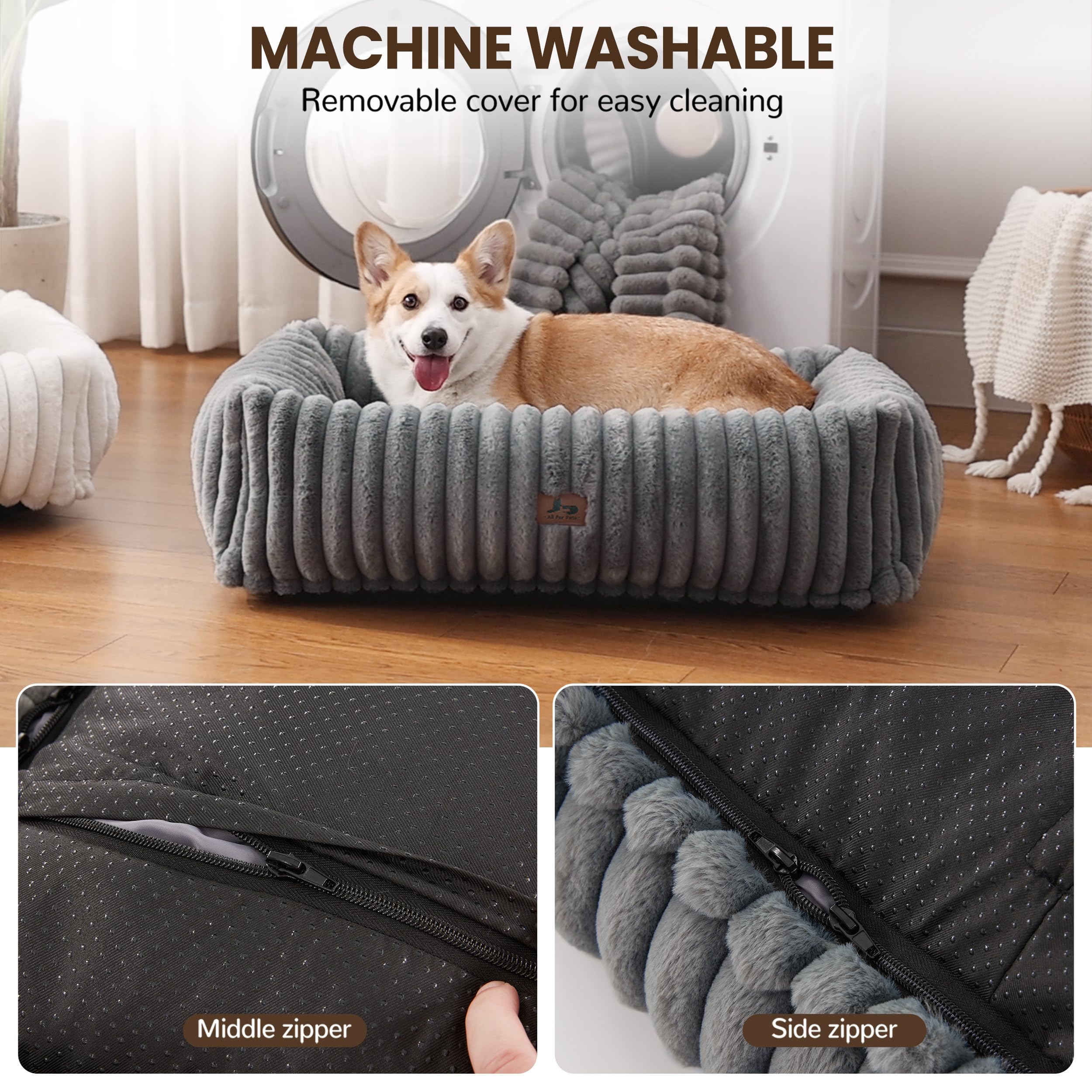 Warmrest calming puppy bed scene suggests secure, comforting sleep for pets.