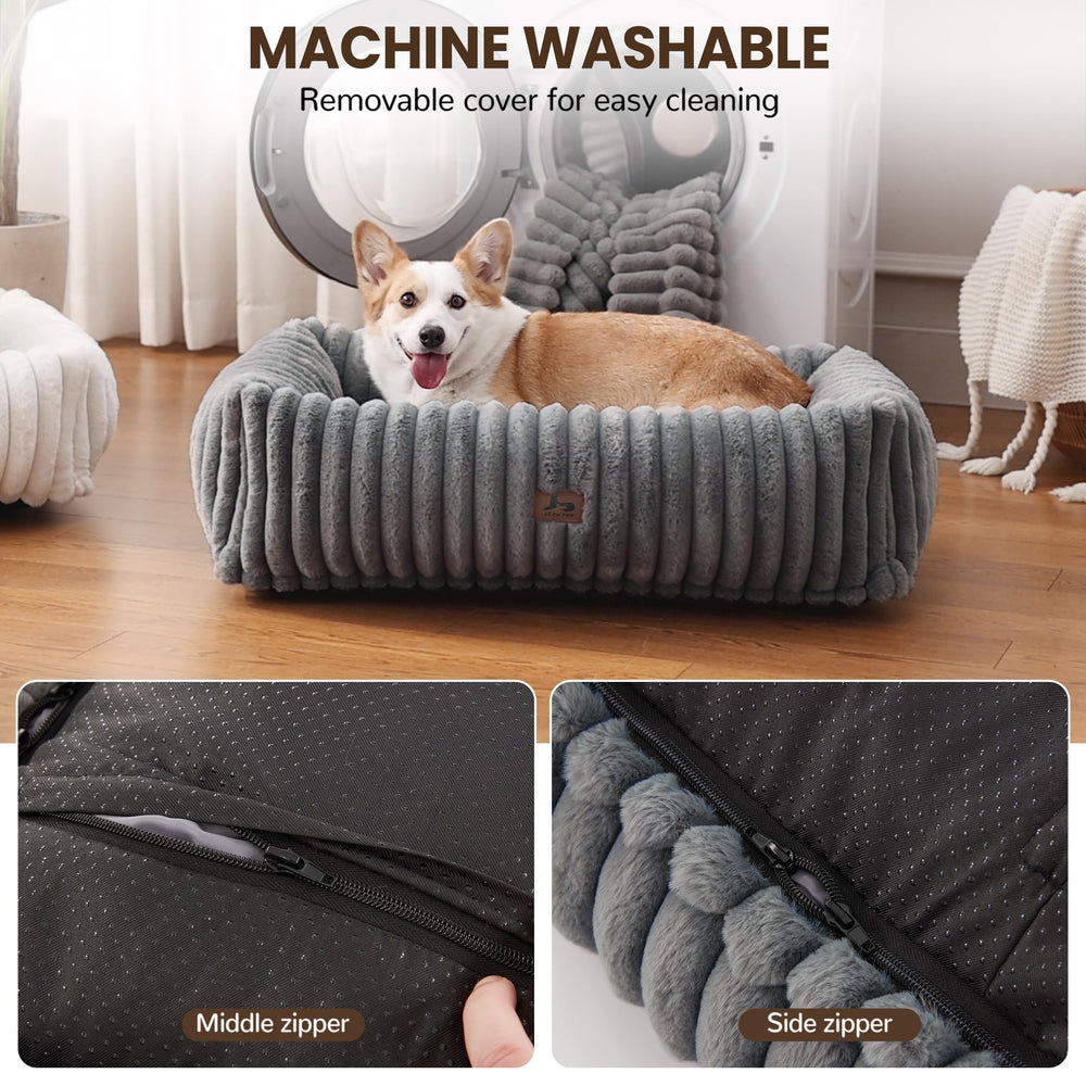 Warmrest calming puppy bed scene suggests secure, comforting sleep for pets.