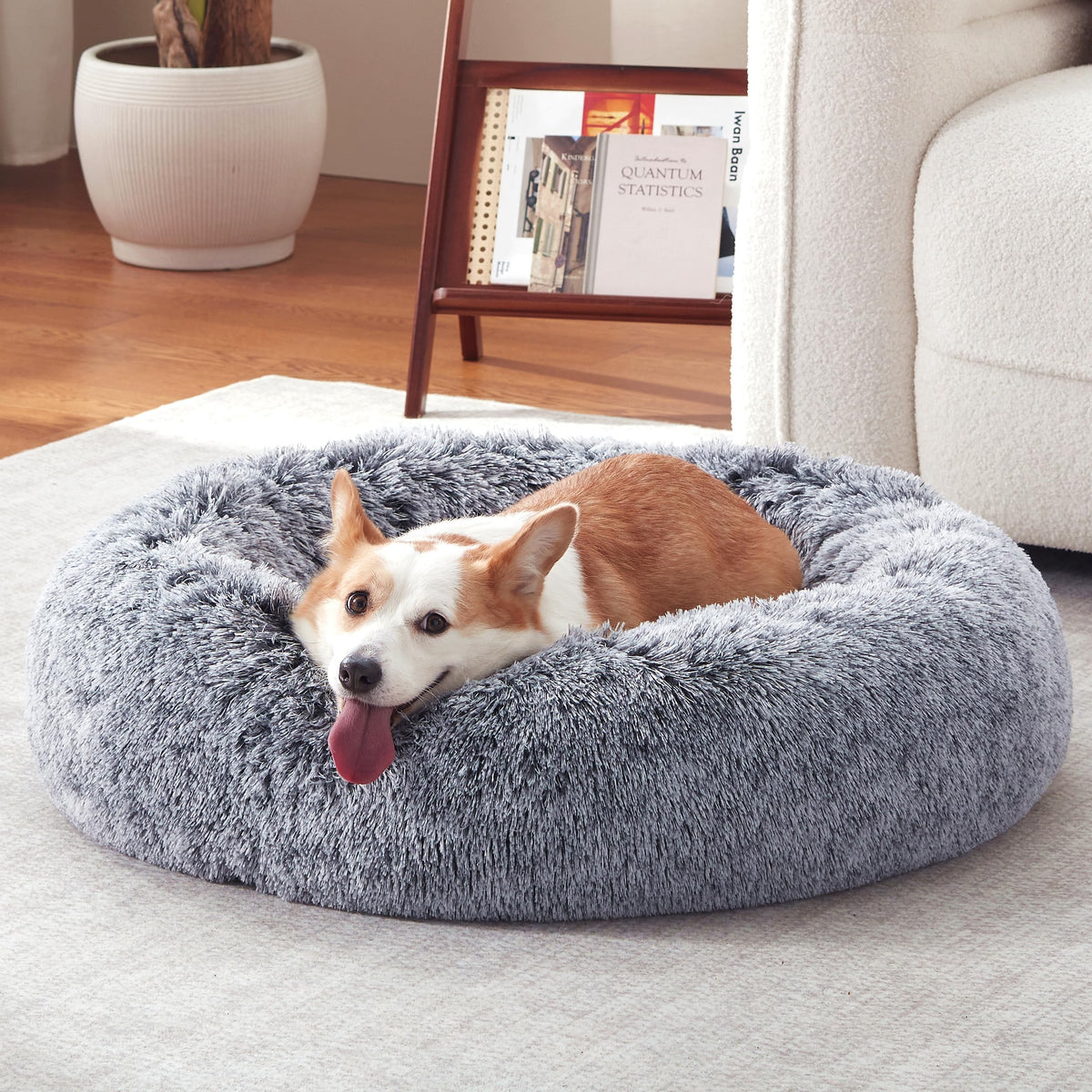 Warmrest donut dog bed outer view shows round grey design with cozy support