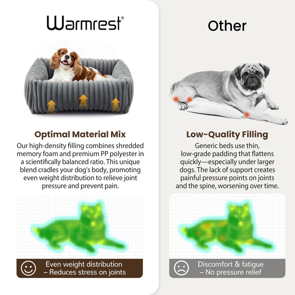 Warmrest bed-fill-detail highlights shredded foam filling for cloud-like comfort.