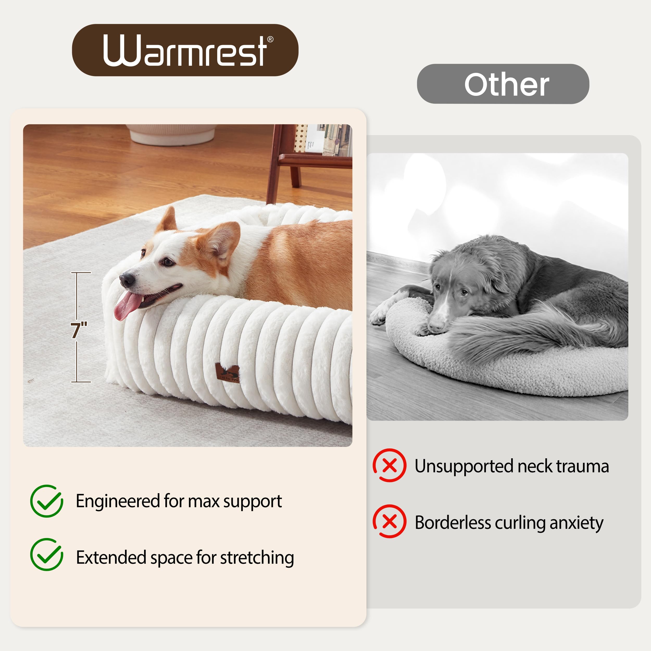 Warmrest washable dog bed rectangle side view highlights elevated sides for neck and head support