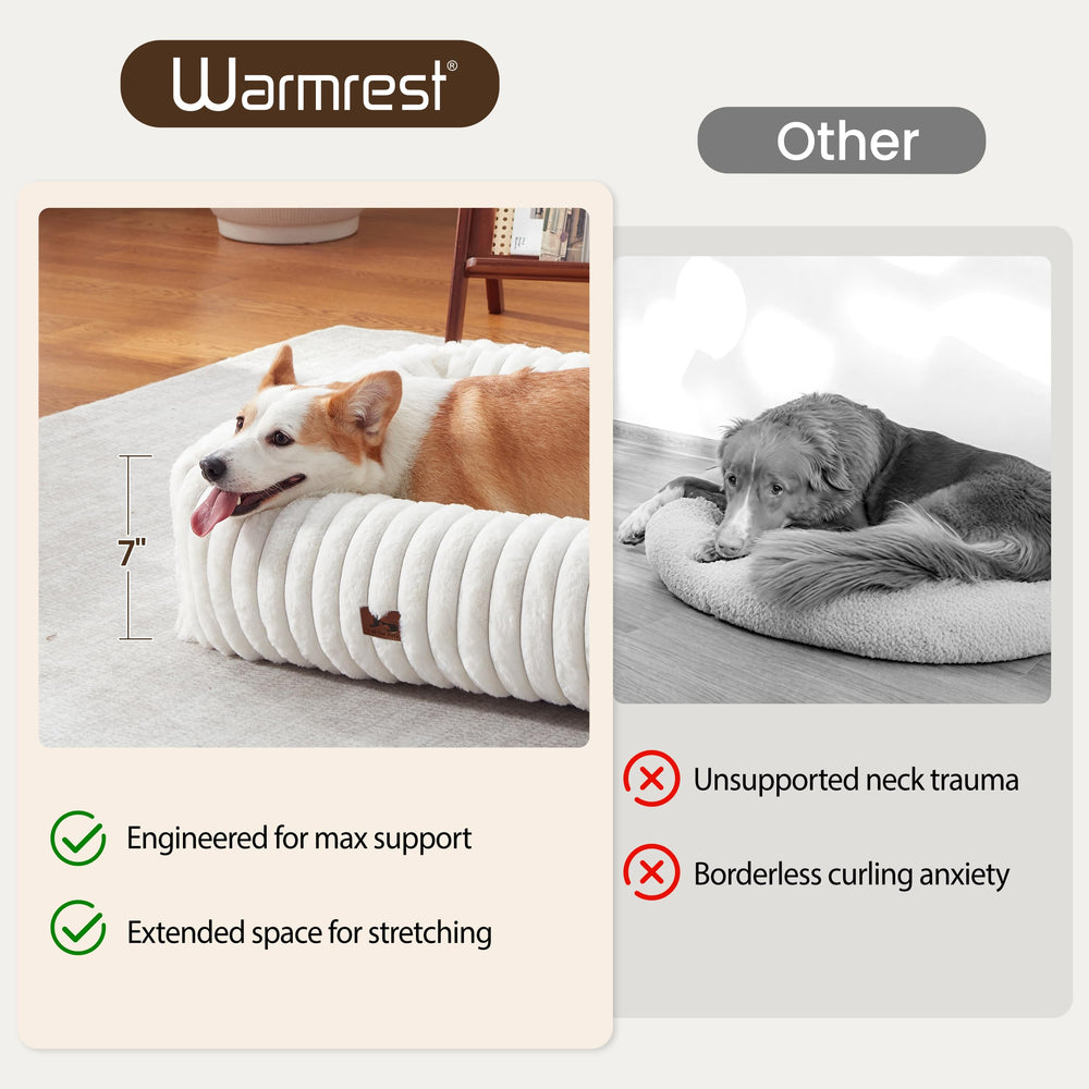 Warmrest washable dog bed rectangle side view highlights elevated sides for neck and head support