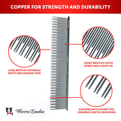 Warren London Carding Cat Comb copper accents close-up; gentle round tips aid comfortable grooming