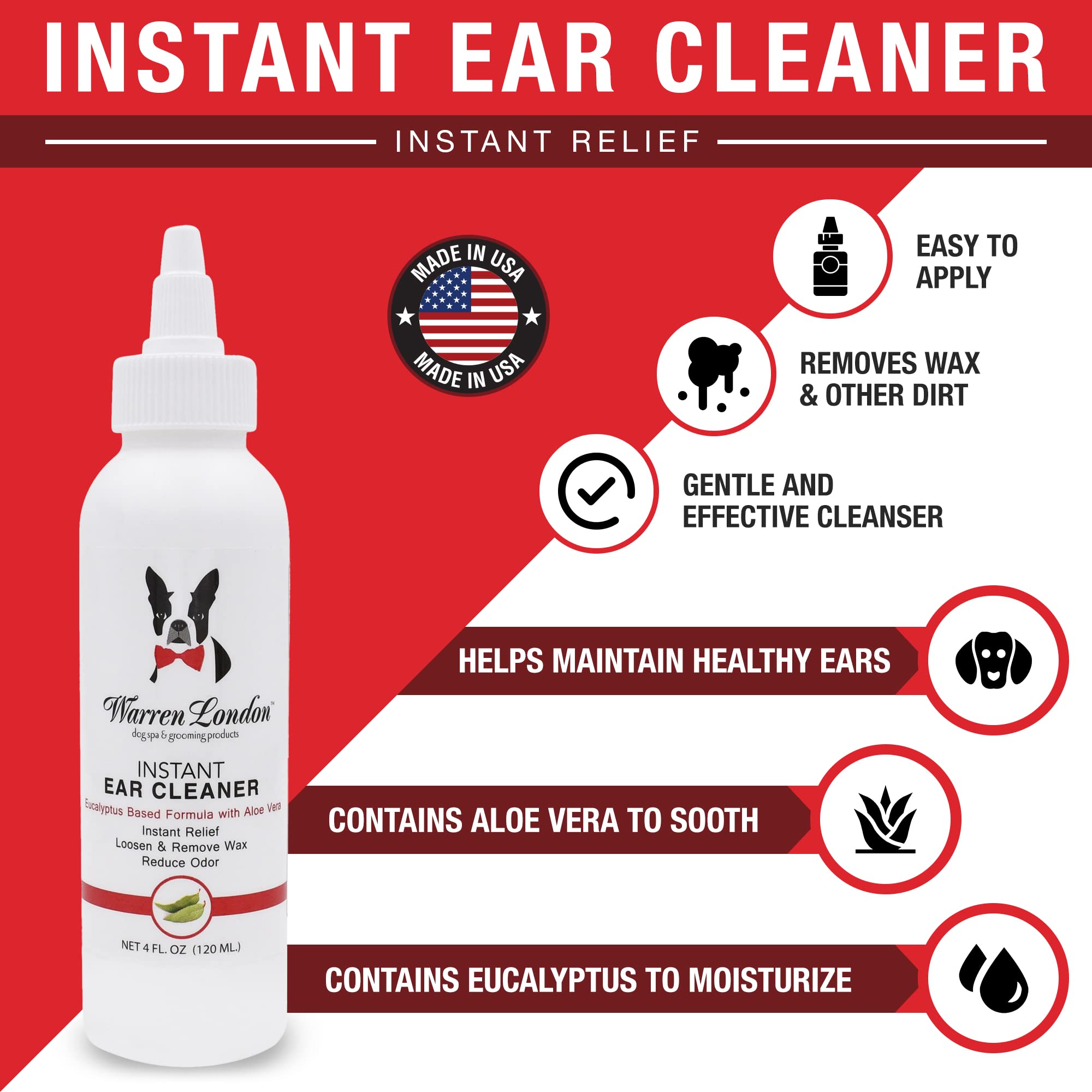 Warren London Instant Ear Cleaner Aloe label close-up highlights soothing ingredients for irritated ears.