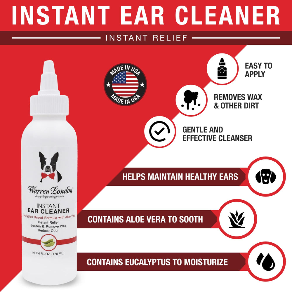 Warren London Instant Ear Cleaner Aloe label close-up highlights soothing ingredients for irritated ears.