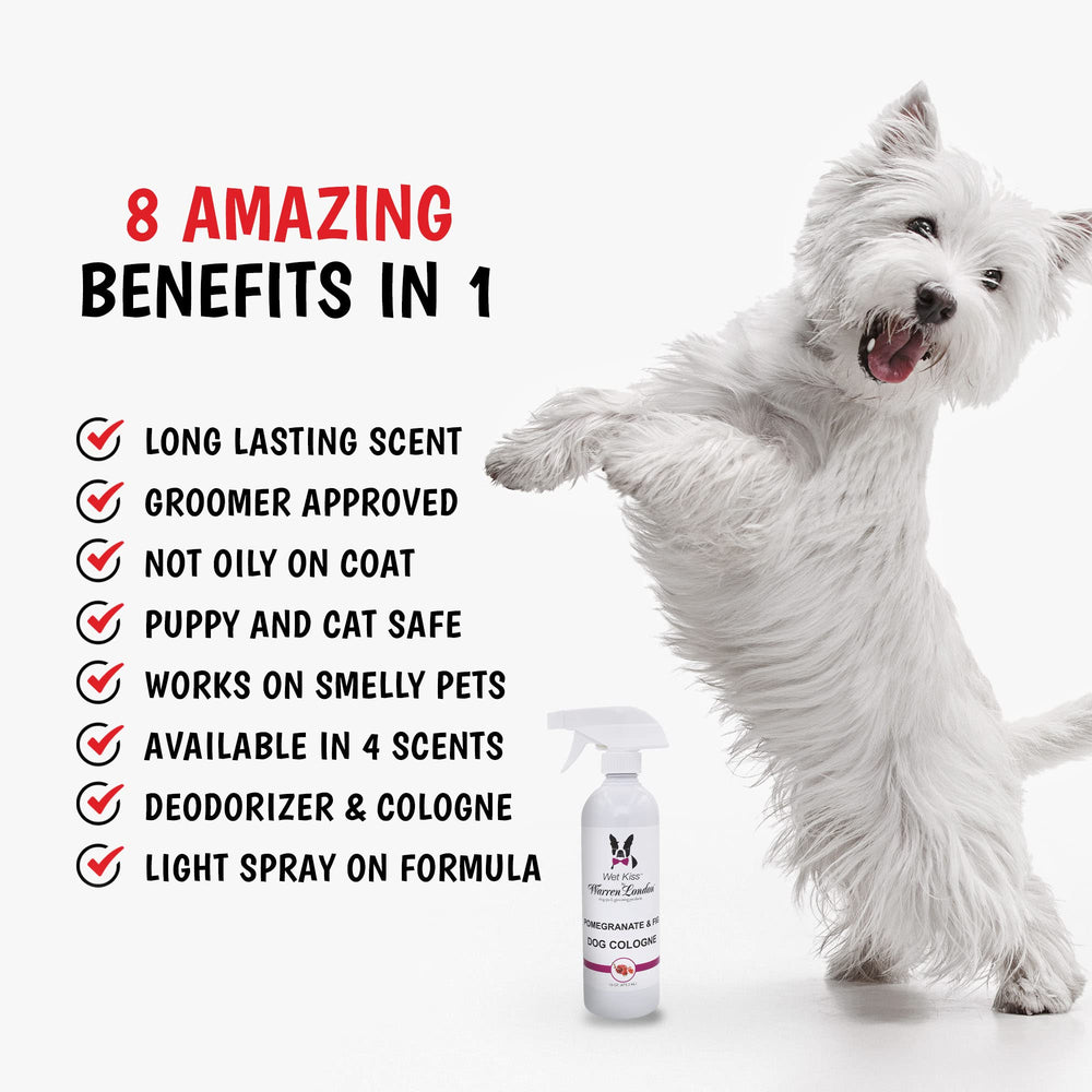 Warren London Wet Kiss fragrance—pomegranate-fig aroma for a spa-like pet scent.