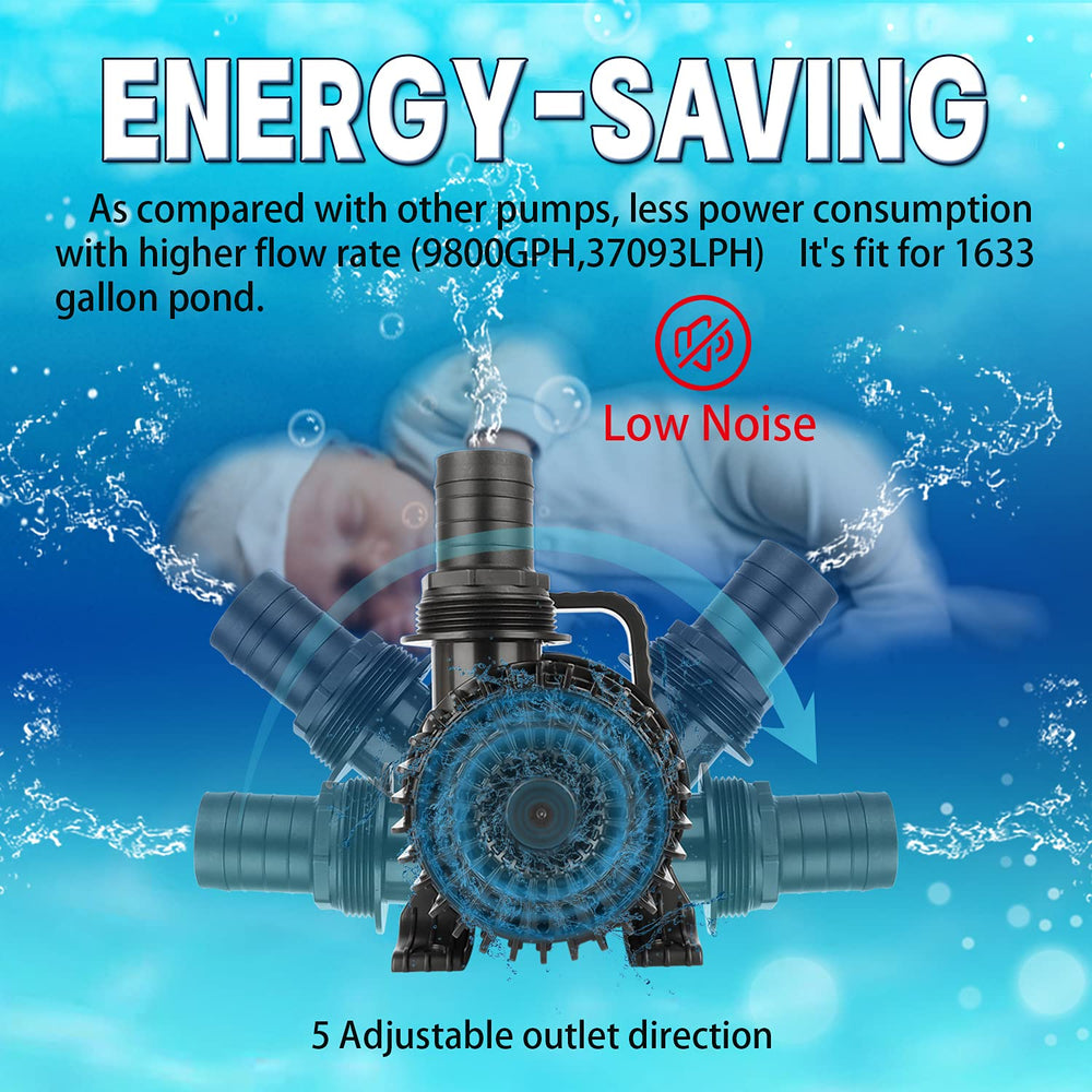 WaterRebirth 7000GPH pump ultra-quiet operation for peaceful water features.