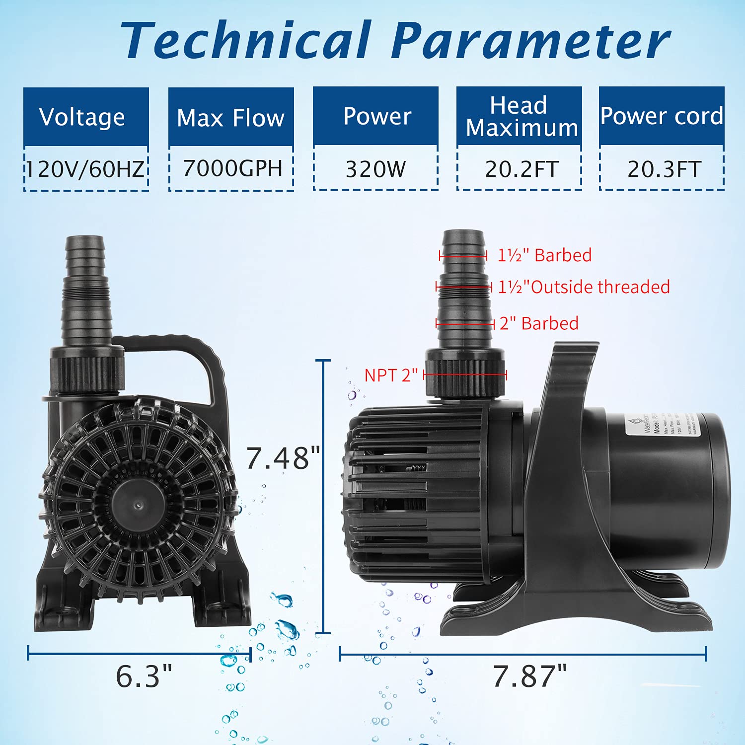 WaterRebirth 7000GPH pump silicon carbide shaft detail for long-lasting durability.