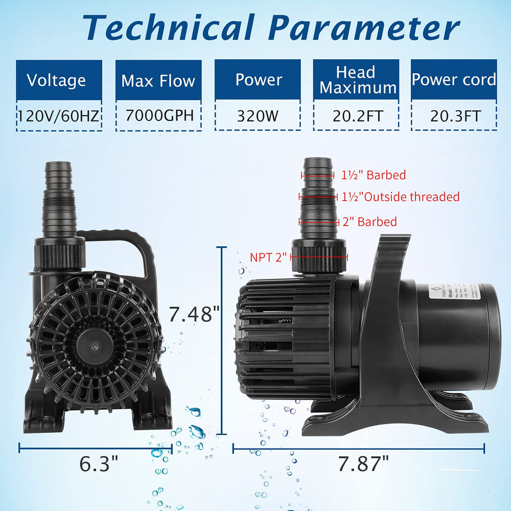 WaterRebirth 7000GPH pump silicon carbide shaft detail for long-lasting durability.