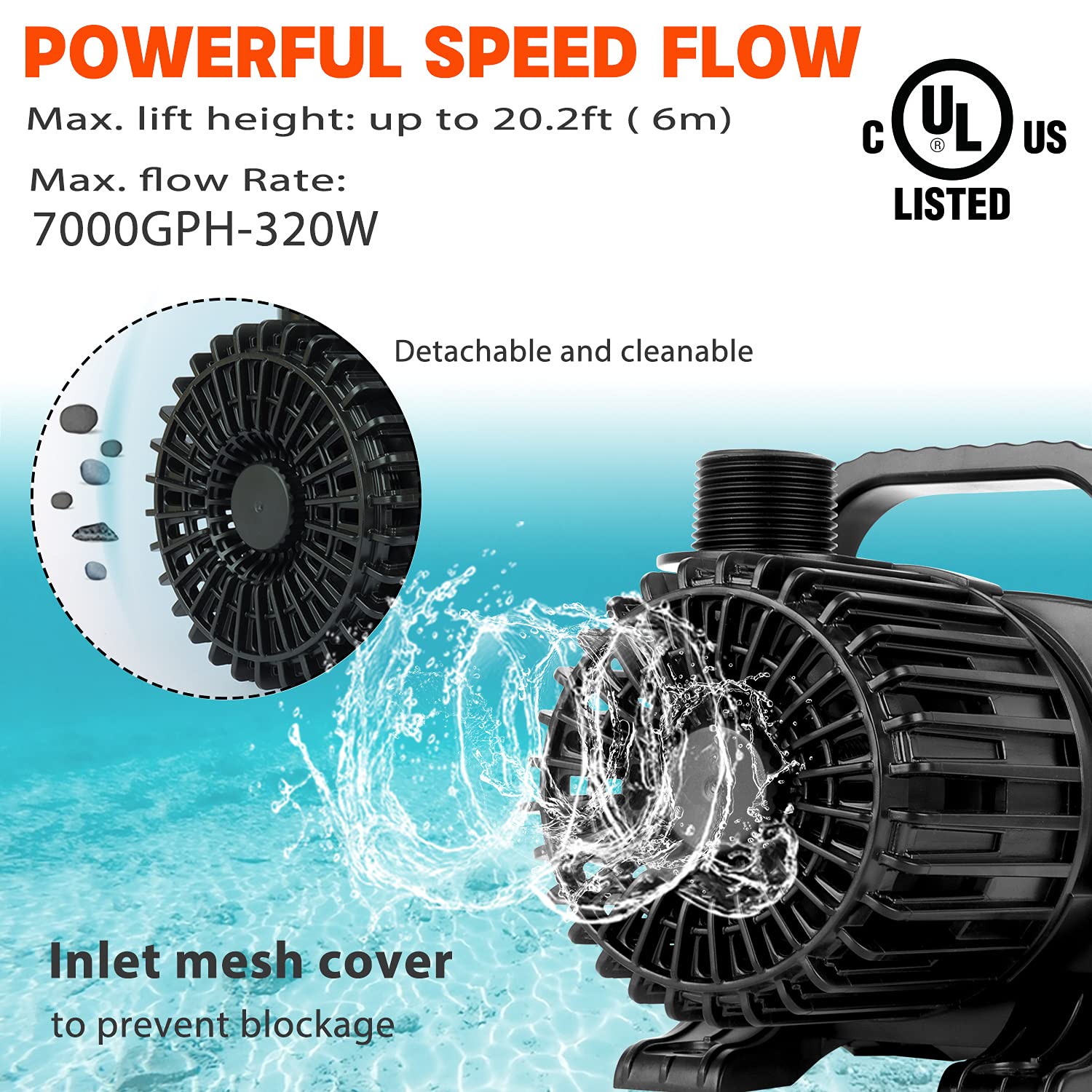 WaterRebirth 7000GPH pump UL-listed label close-up for safe outdoor use.
