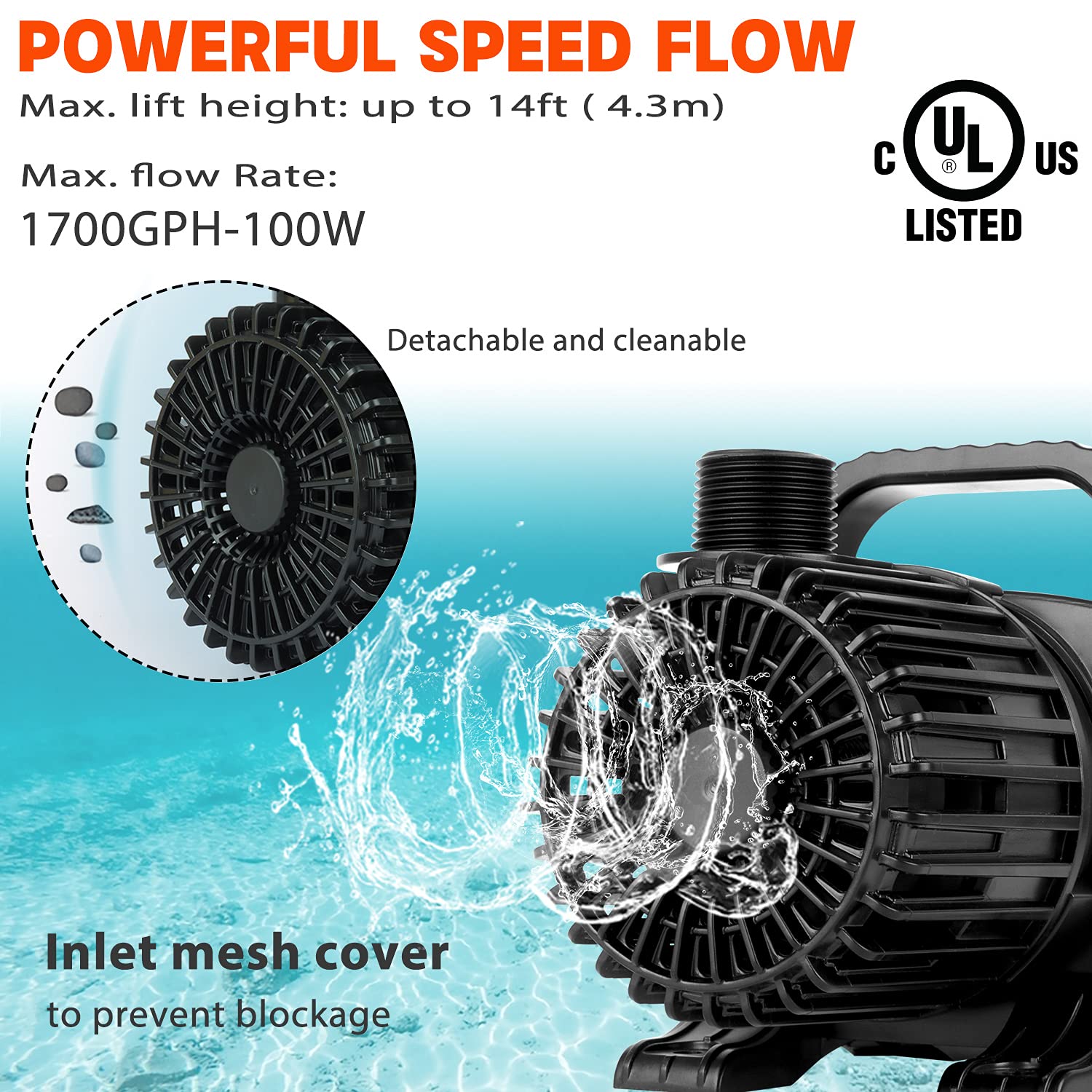WaterRebirth PS-1700 ultra-quiet operation powers aquarium water movement.