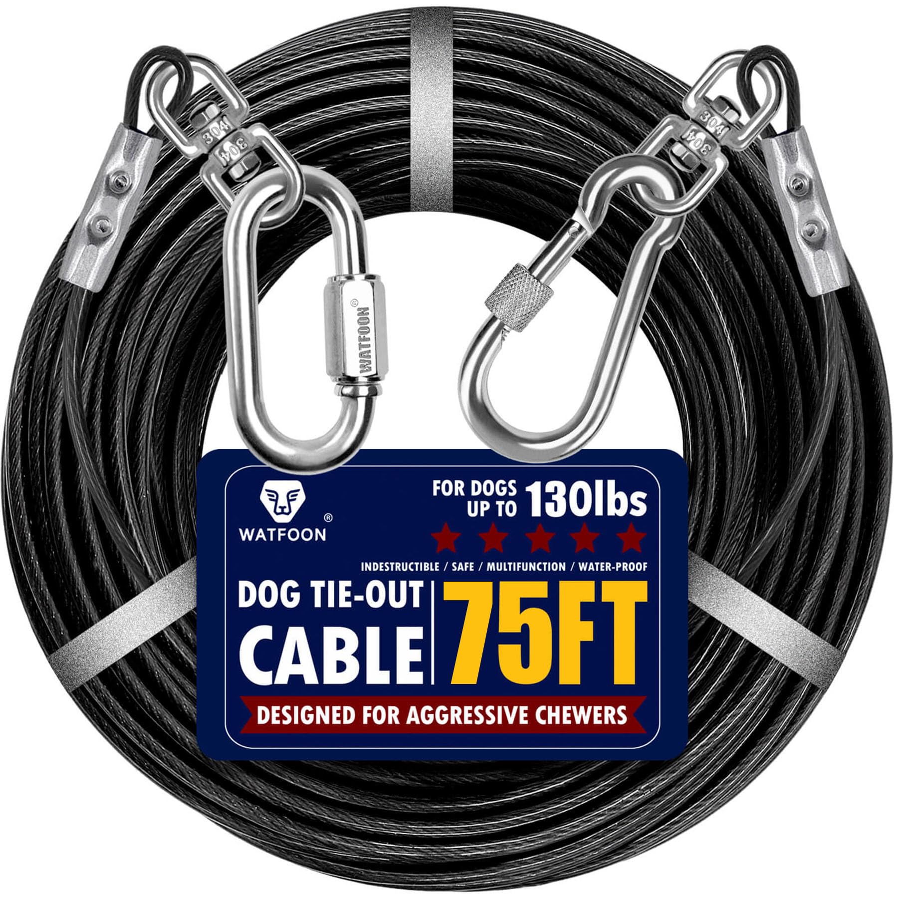 WATFOON 75ft dog tie-out cable for spacious yard exploration.
