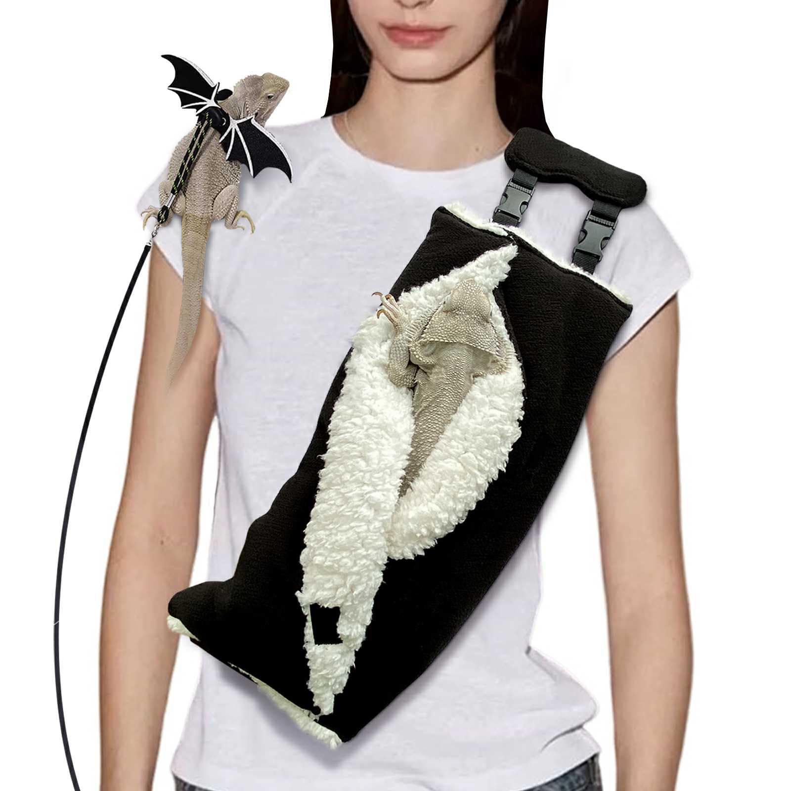 WATFOON adjustable fluffy bearded dragon sling carrier in black for secure travel with your pet.