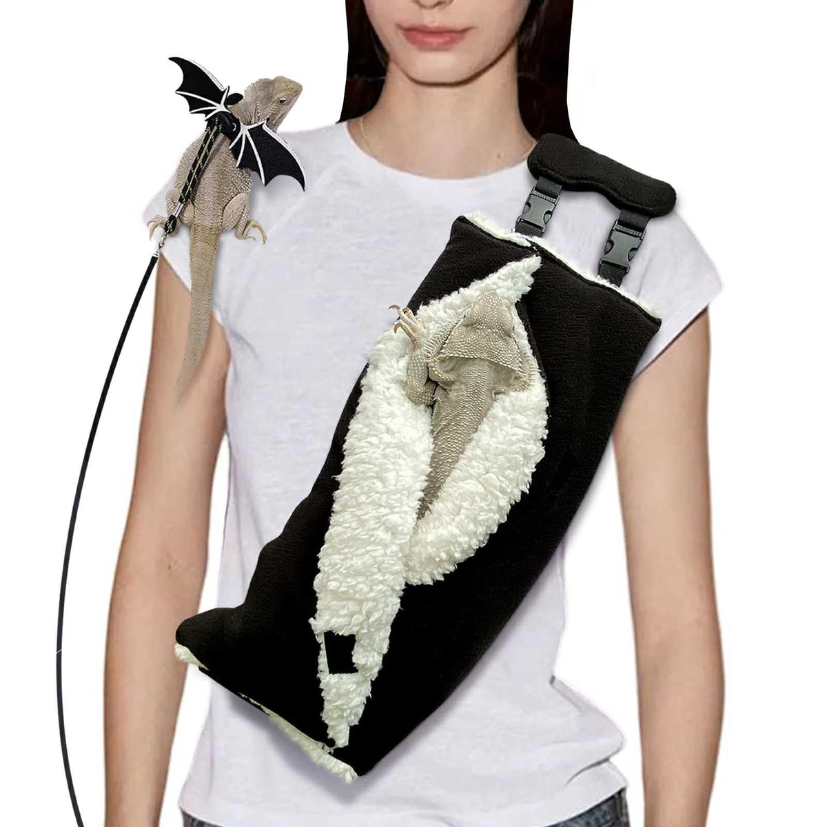 WATFOON adjustable fluffy bearded dragon sling carrier in black for secure travel with your pet.