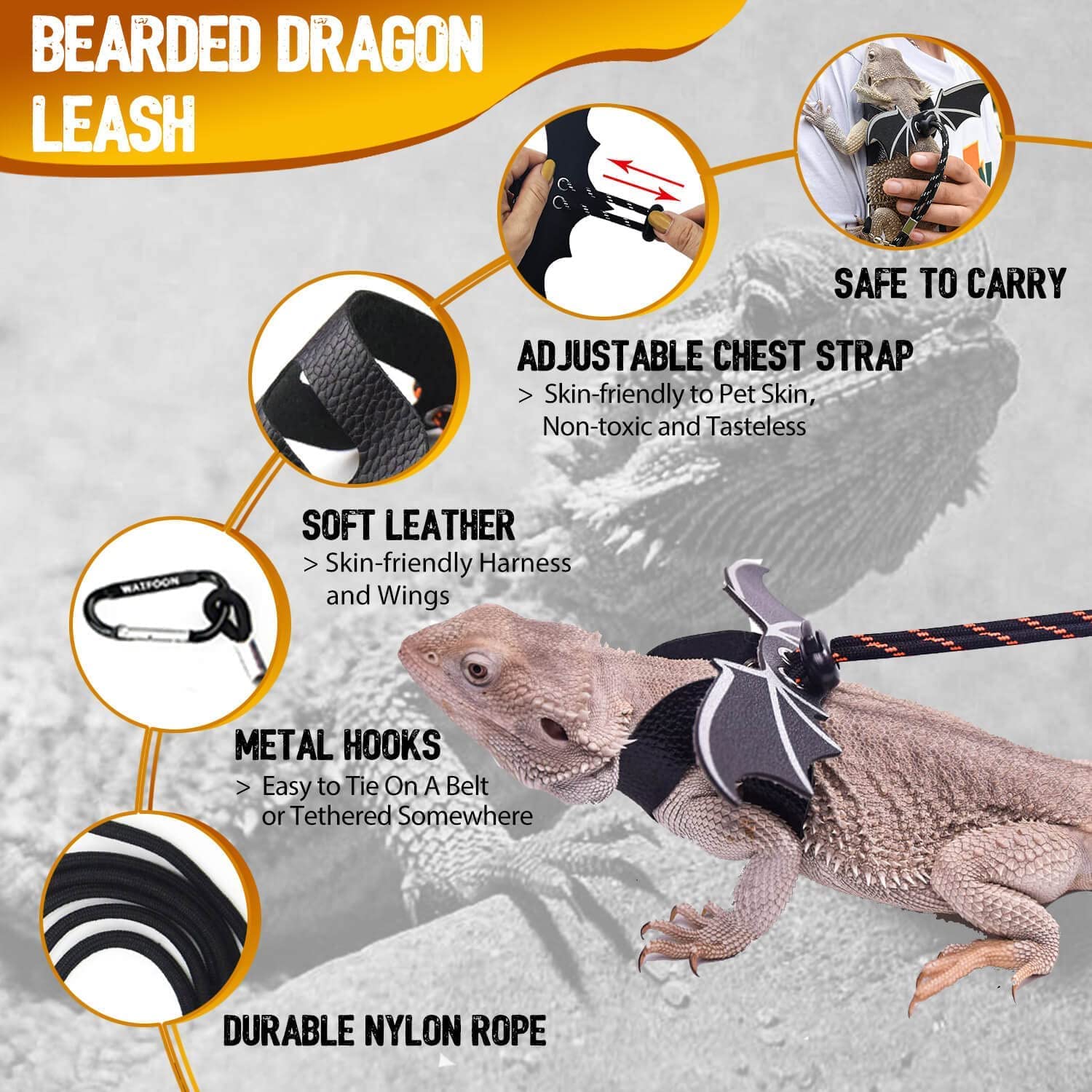 WATFOON bearded dragon leash 5ft offers reliable outdoor exploration support.