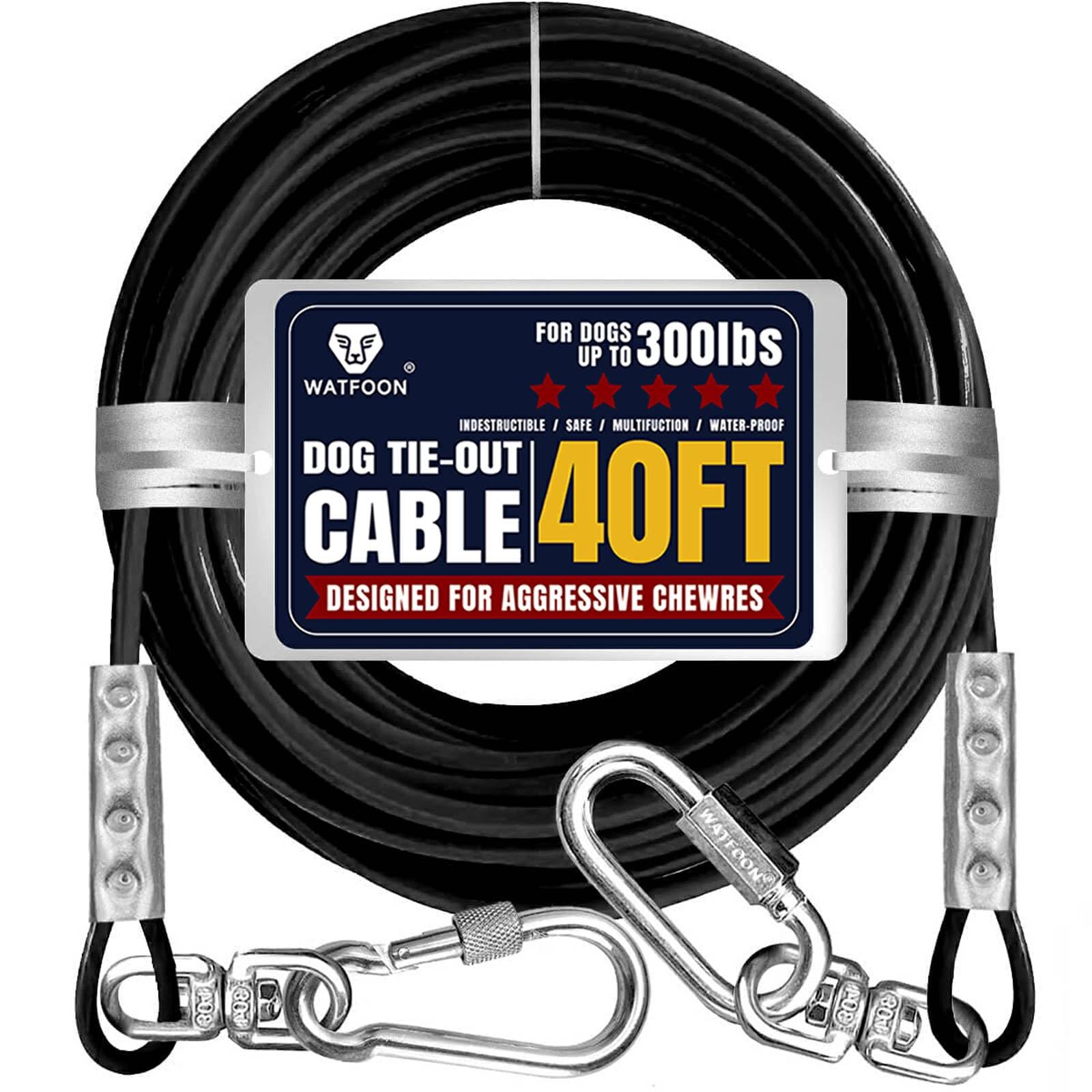 WATFOON tie-out cable 40ft coil for expansive, safe yard play and recall training.