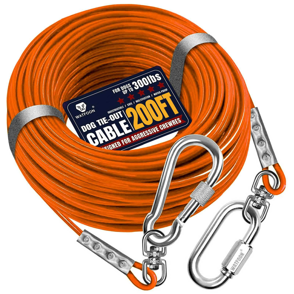 WATFOON tie-out cable orange 200ft expands outdoor space for dogs.