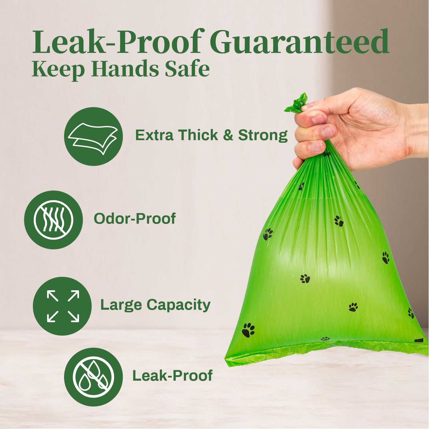 Watreeco extra thick 15-micron bags close-up highlighting leak resistance.