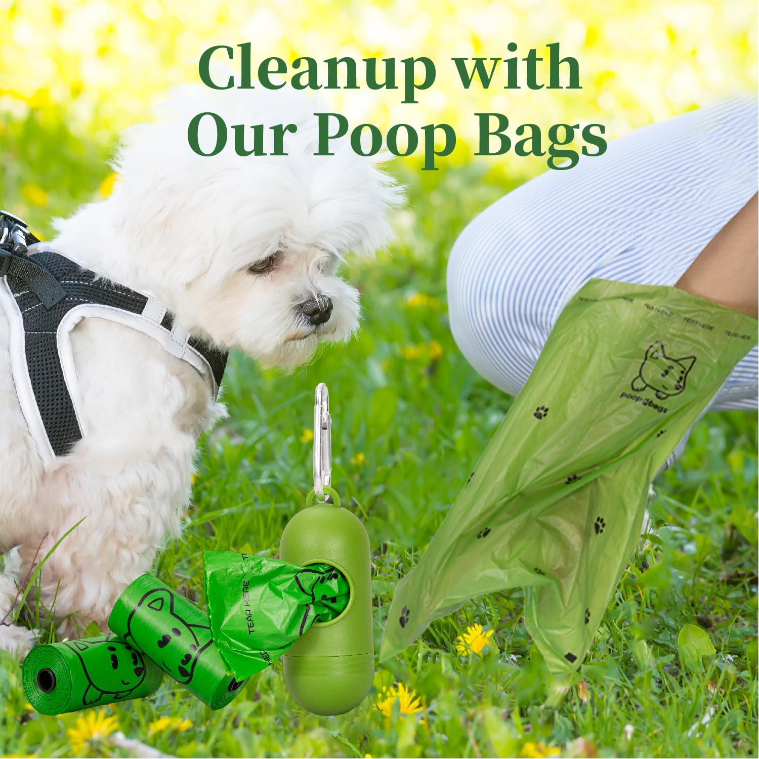 Watreeco leash clip dispenser shown on backpack for hands-free carrying.