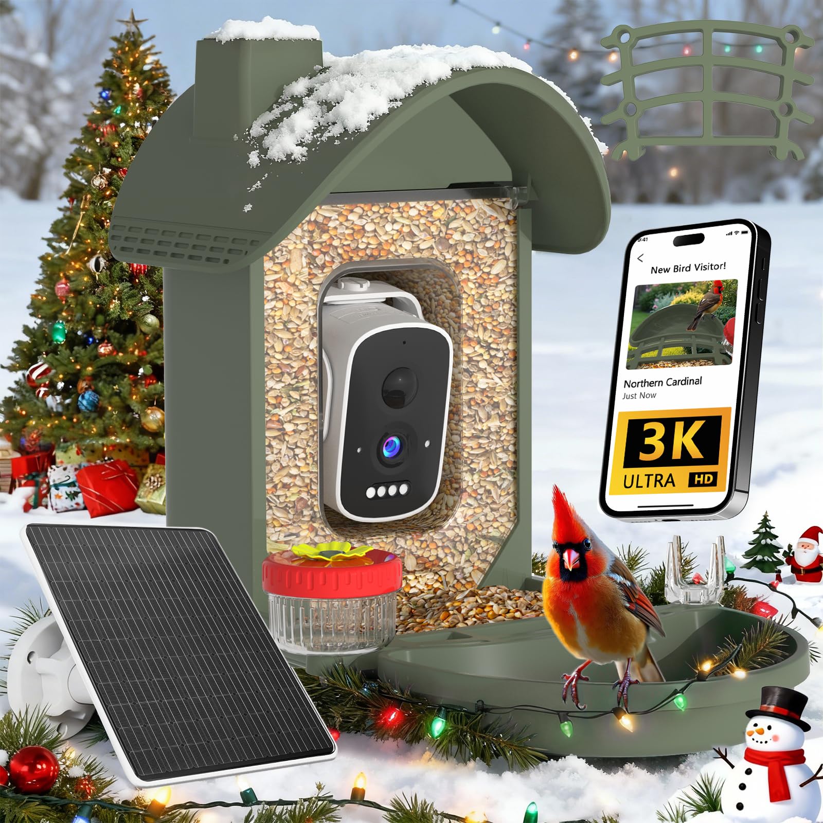 WAVEEME bird feeder camera front view for easy backyard birdwatching and AI recognition.